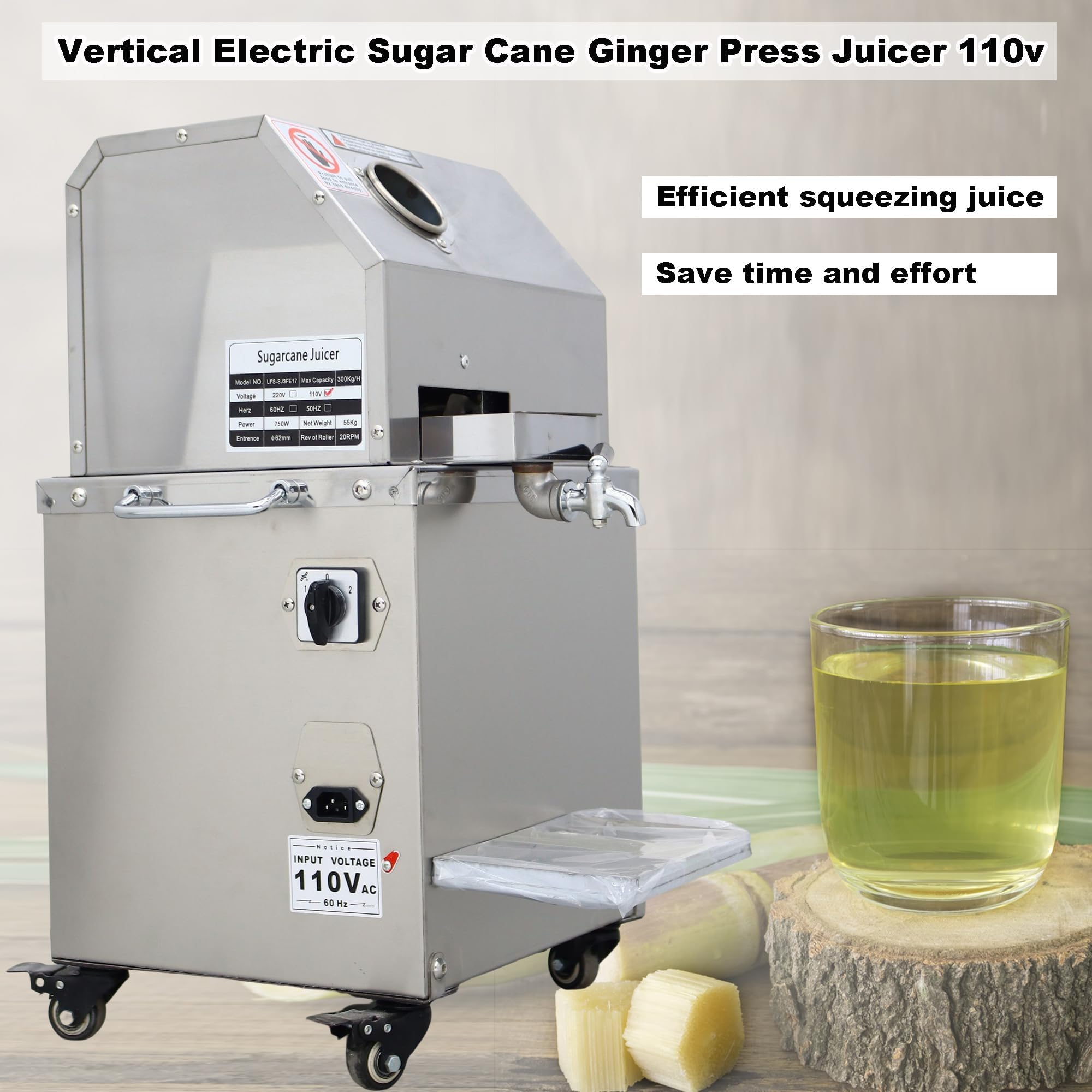 Sugar Cane Juicer Electric Sugarcane Press Vertical Sugar Cane Ginger Press Juicer Sugarcane Juice Extractor 3 Stainless Steel Rollers Juice Press Machine 300Kg/H with 2 Knives 110V