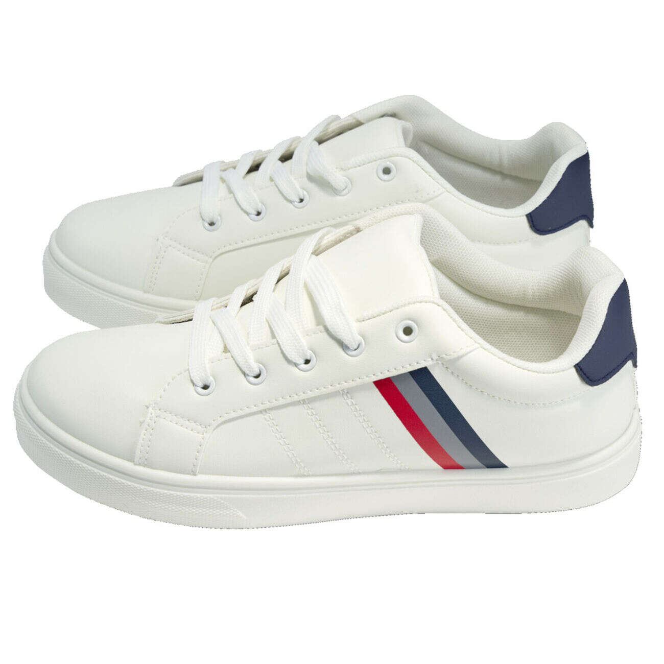 Baskets unisexe simili blanc rayures rouges et bleues T41