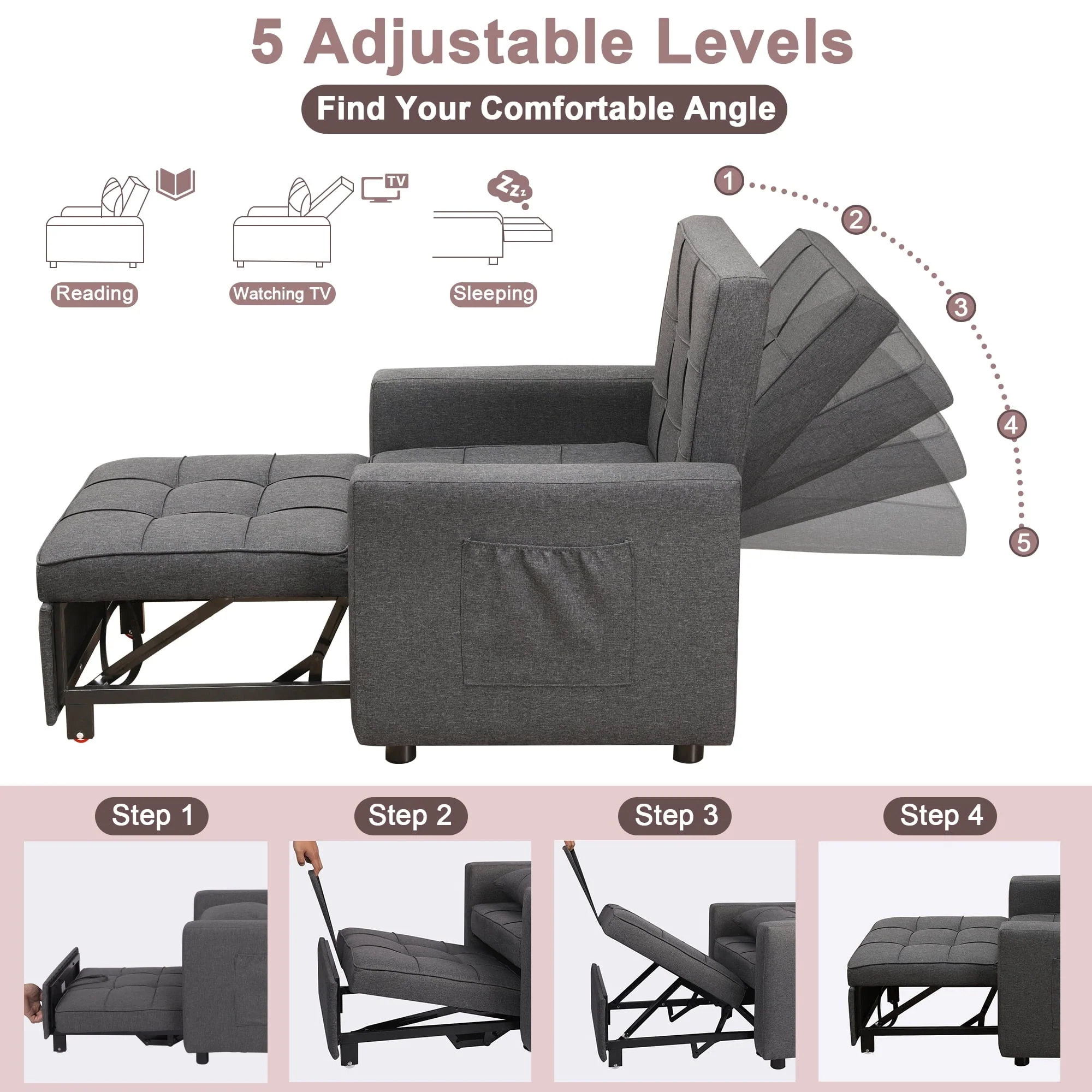 Tolead 3 - in - 1 Convertible Sofa Bed Sleeper Chair with Adjustable Backrest, Gray