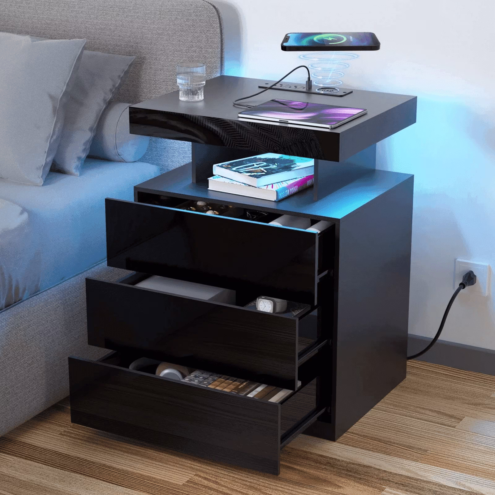 LED Nightstand Wireless Charging Station USB Type C Outlets Bedside Table 3 Drawers Black Night Table Modern Smart Nightstand High Gloss End Side Table for Bedroom Furniture 26.8" Tall(Black/Single)