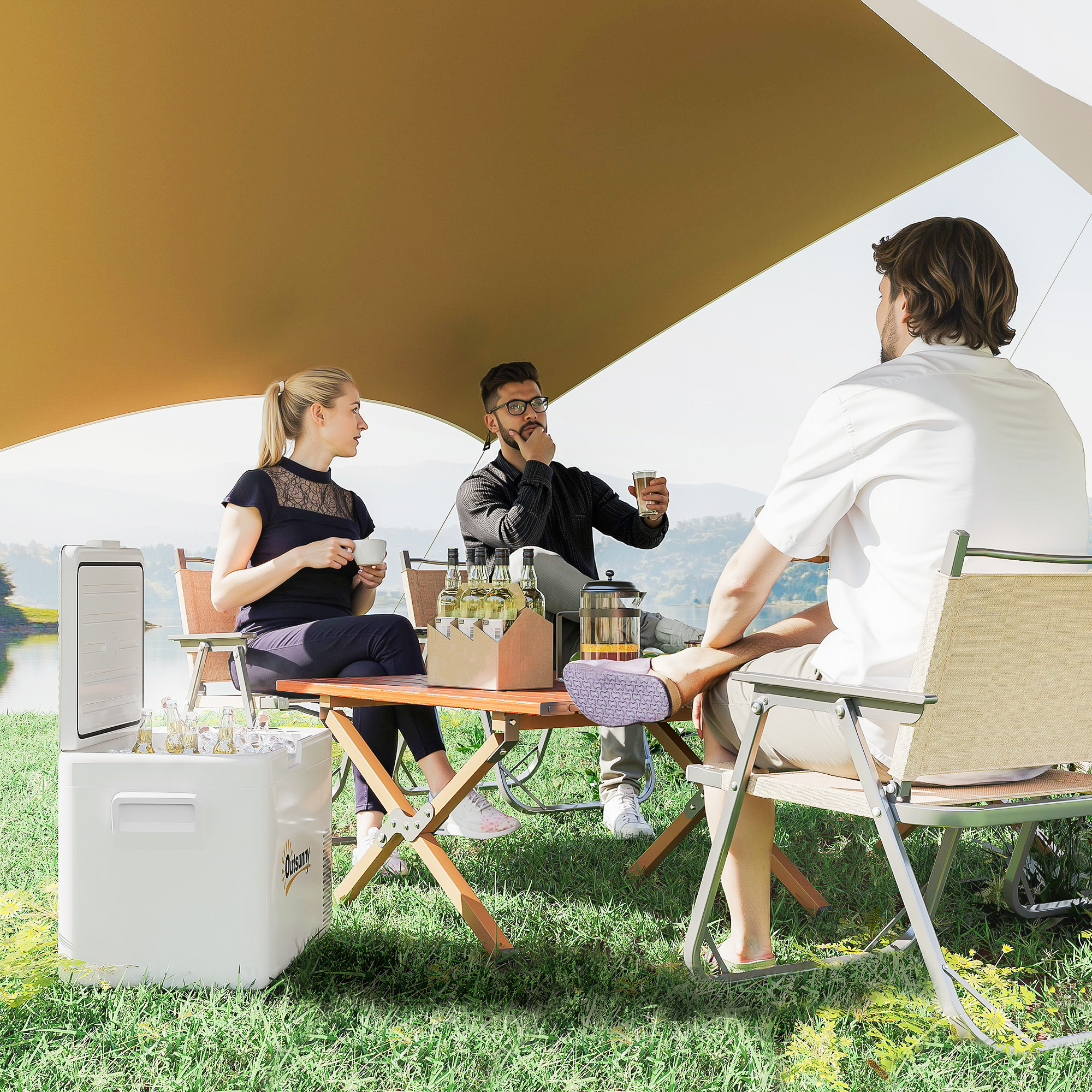 Outsunny 22 Liter Campingkoelkast, Autokoelkast, Koelbox met LED-Licht, AC- en DC-Adapter, Stille Werking, Crèmewit