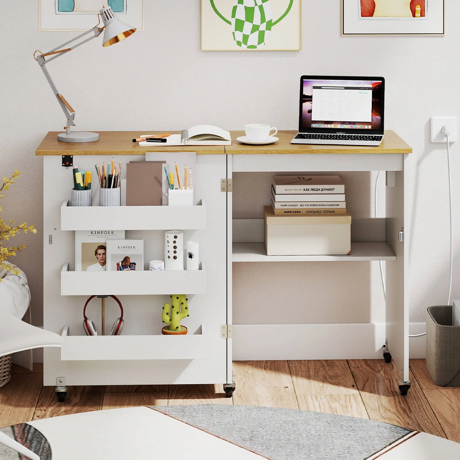 Folding Sewing Table Rolling Craft Station with 3 Storage Bins Charging Station White+natural(White+Natural) - Image 6