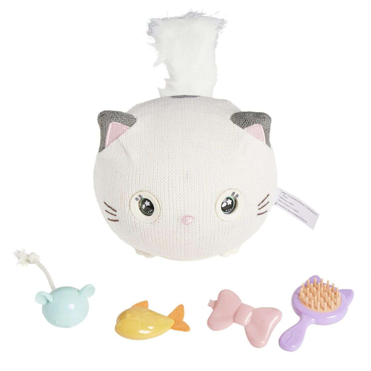 Peluche chaton interactif tissage laine blanc avec accessoires Ø19xH19cm