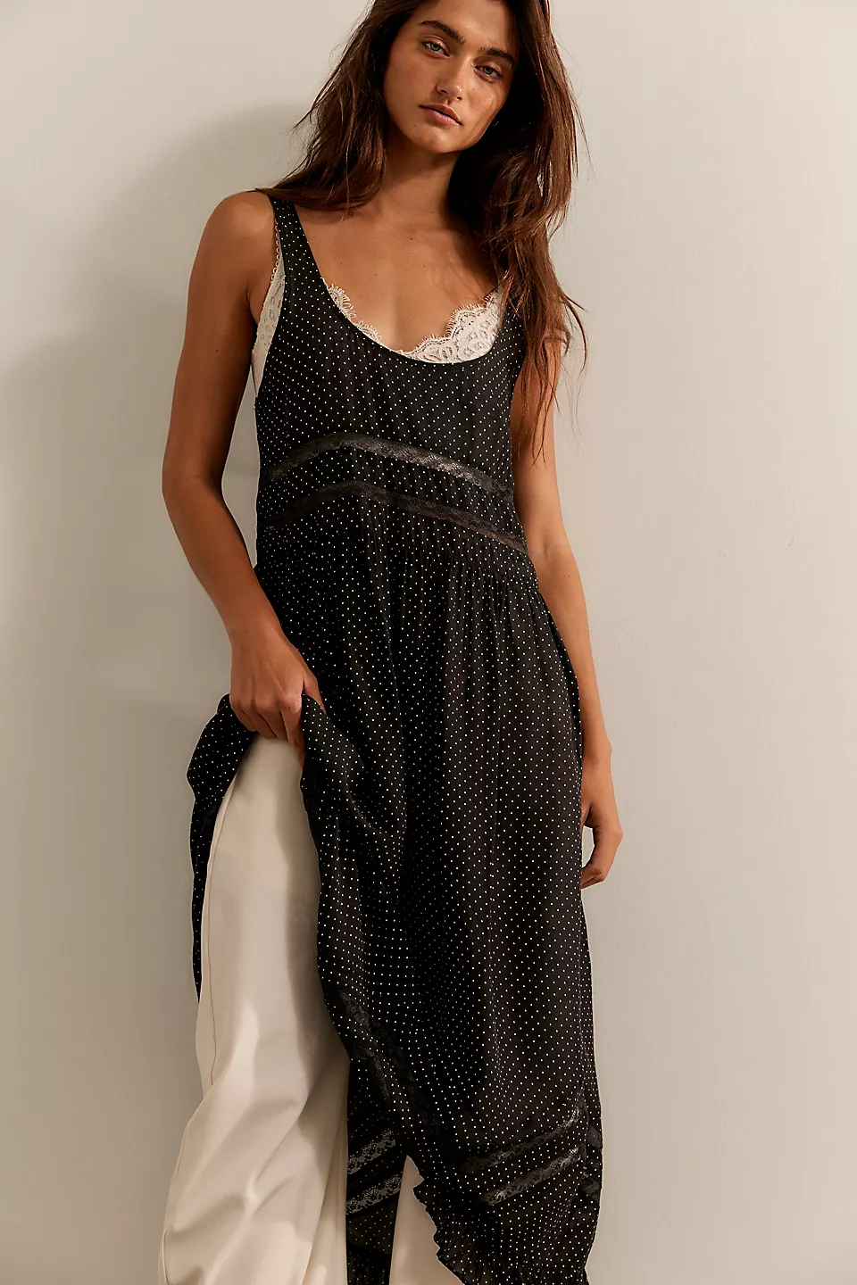 Voile and Lace Midi Slip Dress-Charcoal Combo