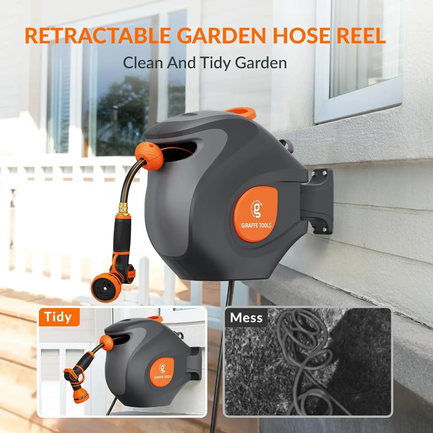 Giraffe Tools Retractable Garden Hose Reel with 1/2in-100ft Water Hose, Plastic Bracket, Wall Mounted, Dark Grey