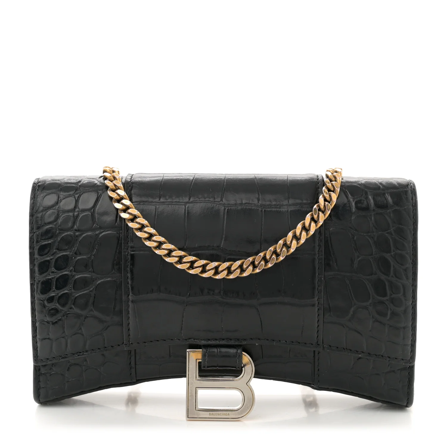Shiny Calfskin Crocodile Embossed Hourglass Chain Bag Black