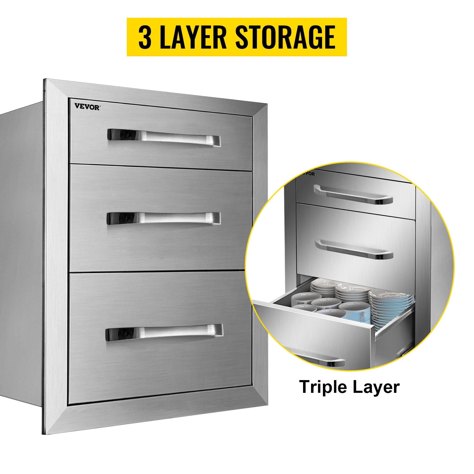 Outdoor Kitchen Drawers 18 W x 20.5 H x 20.5 D. Flush Mount Triple Access BBQ Drawers with Stainless Steel Handle. BBQ Island Drawers for Outdoor Kitchens or BBQ Island Patio Grill Station
