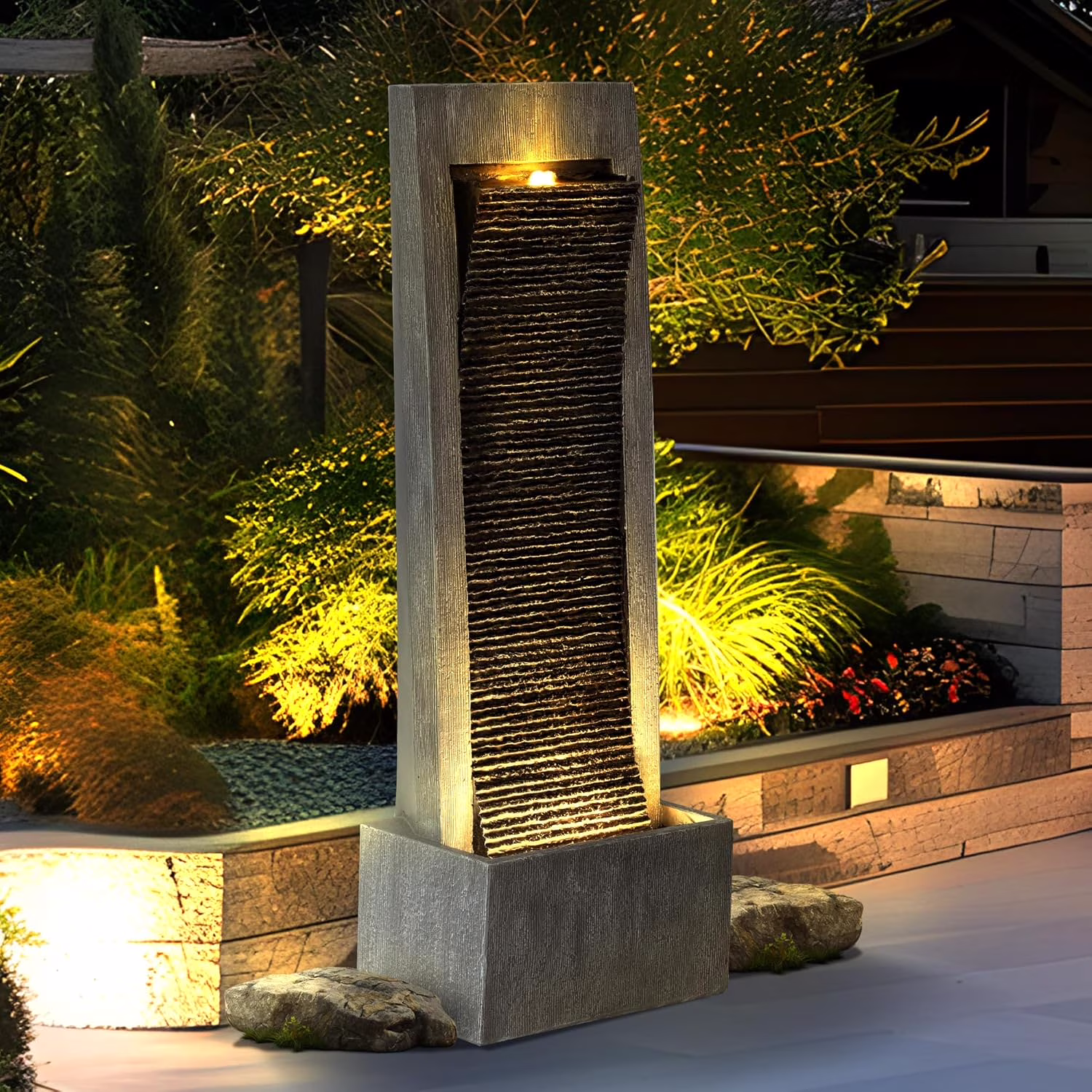 MAGIC UNION Water Fountain Outdoor Garden - Indoor Modern Water Fountain Freestanding Fountains, 49.6 H Contemporary Curves Garden Fountain with LED Lights, Pump and Natural Stones for Garden, Patio