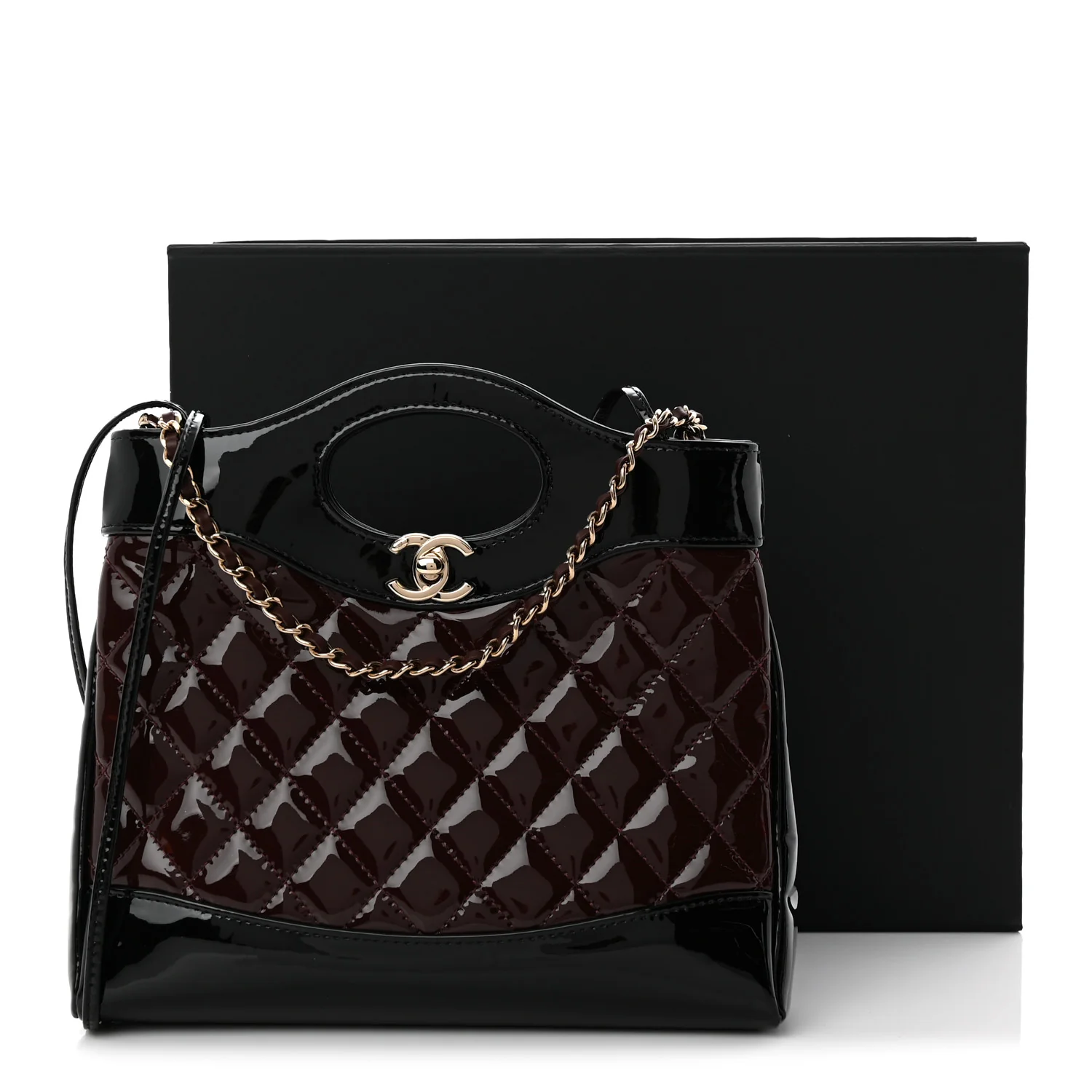 Patent Calfskin Quilted Mini 31 Shopping Bag Burgundy Black