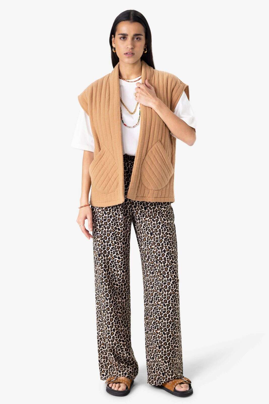Bruine high waist wide leg broek met leopard print