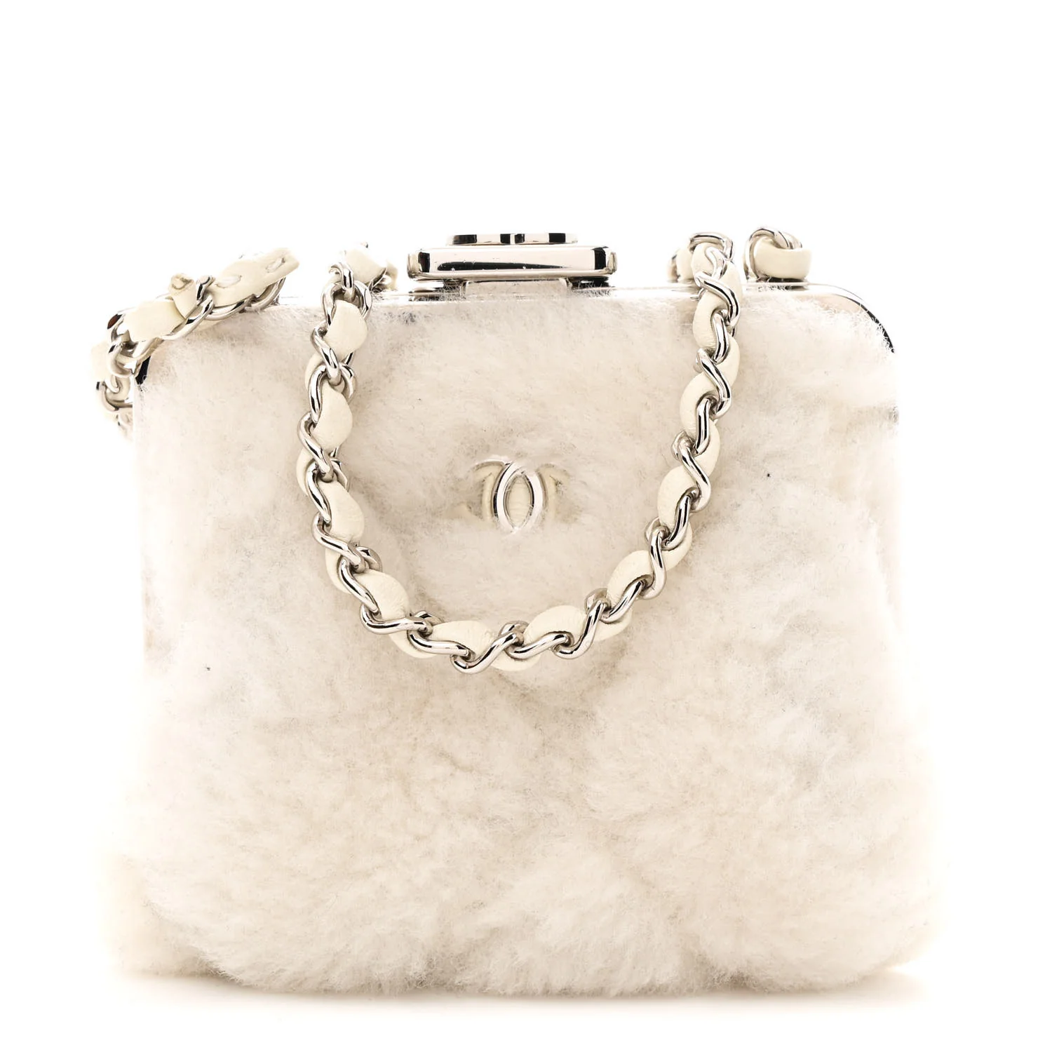 Shearling Sheepskin Lambskin Quilted Clutch With Chain White