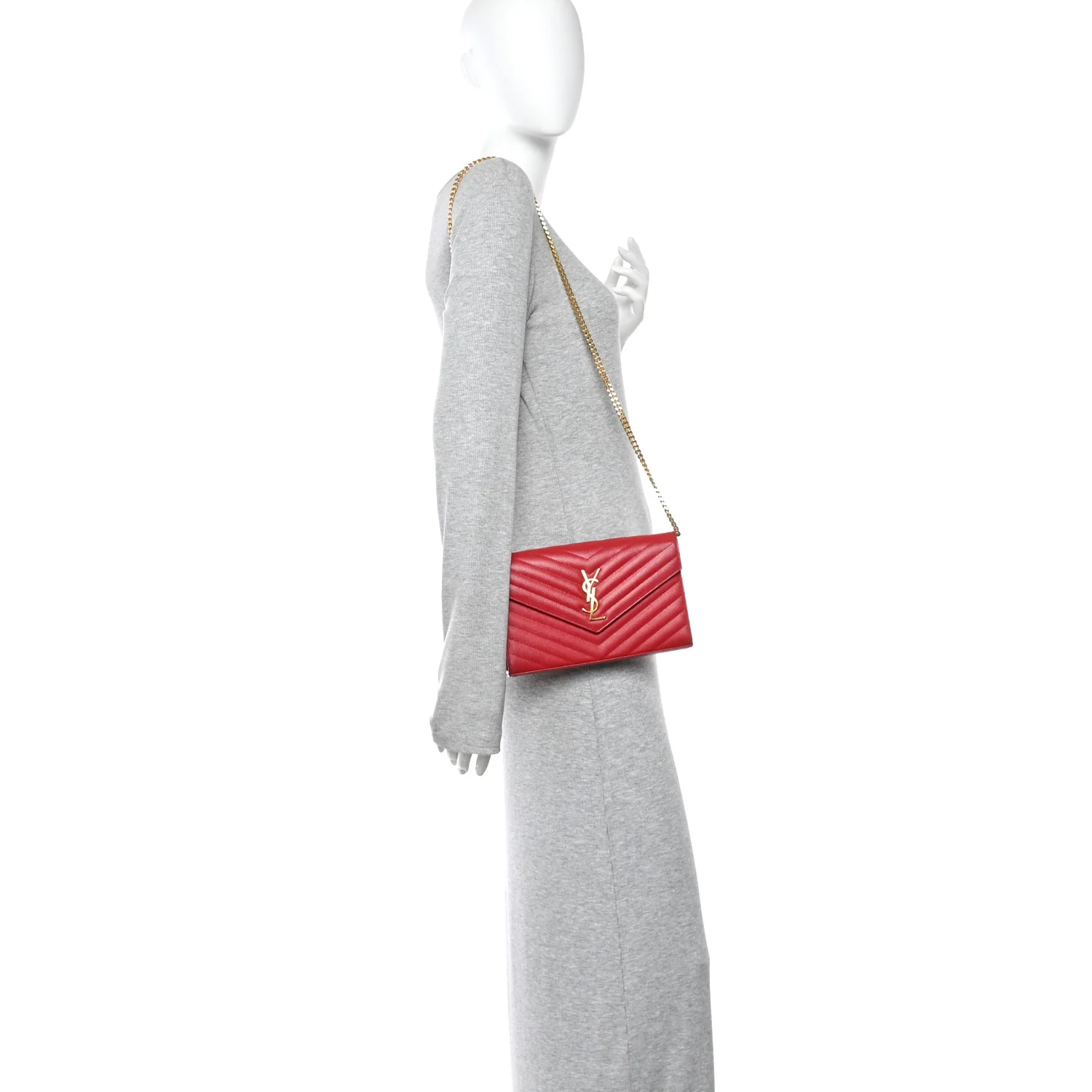 Grain De Poudre Matelasse Chevron Monogram Chain Wallet New Red