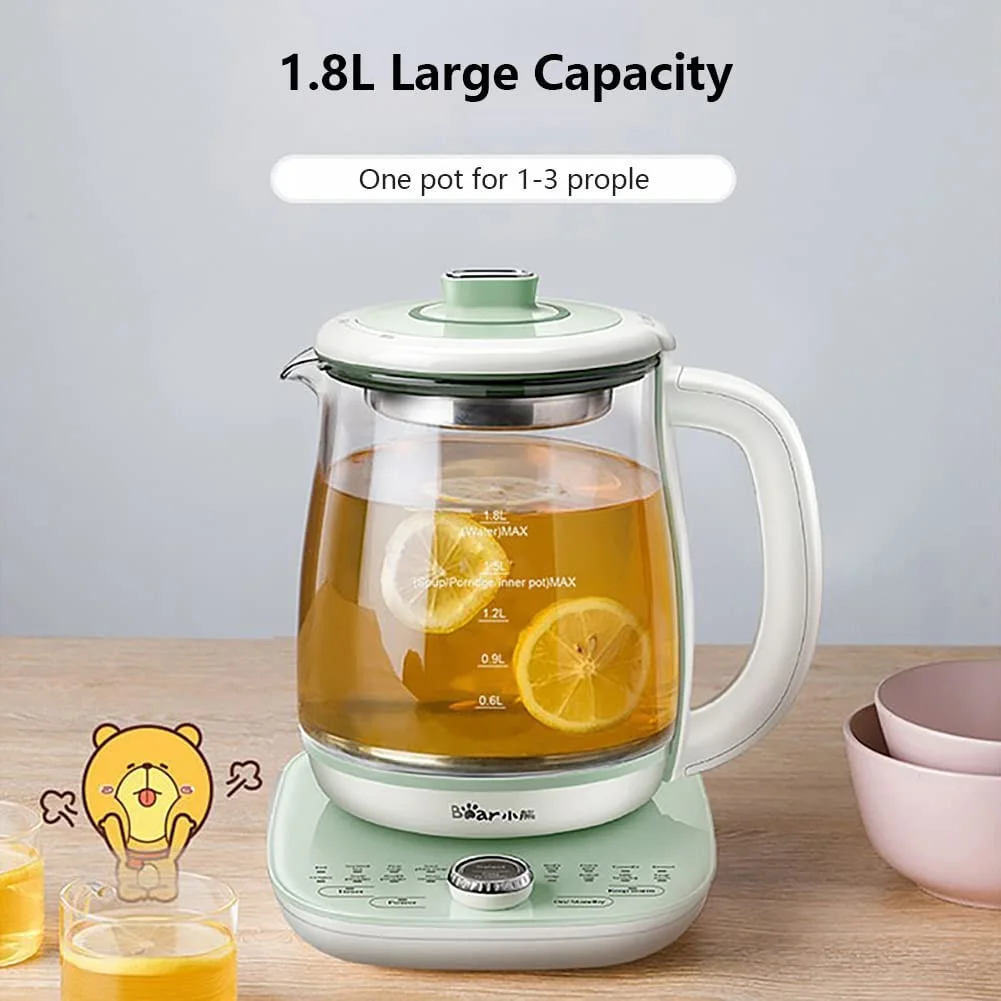 Bear YSH - C18S2 Health Pot, Electric Kettle Tea Maker with Infuser, Glass Kettle & Stew Pot, 16 Menus 1.8 L 120V, Green