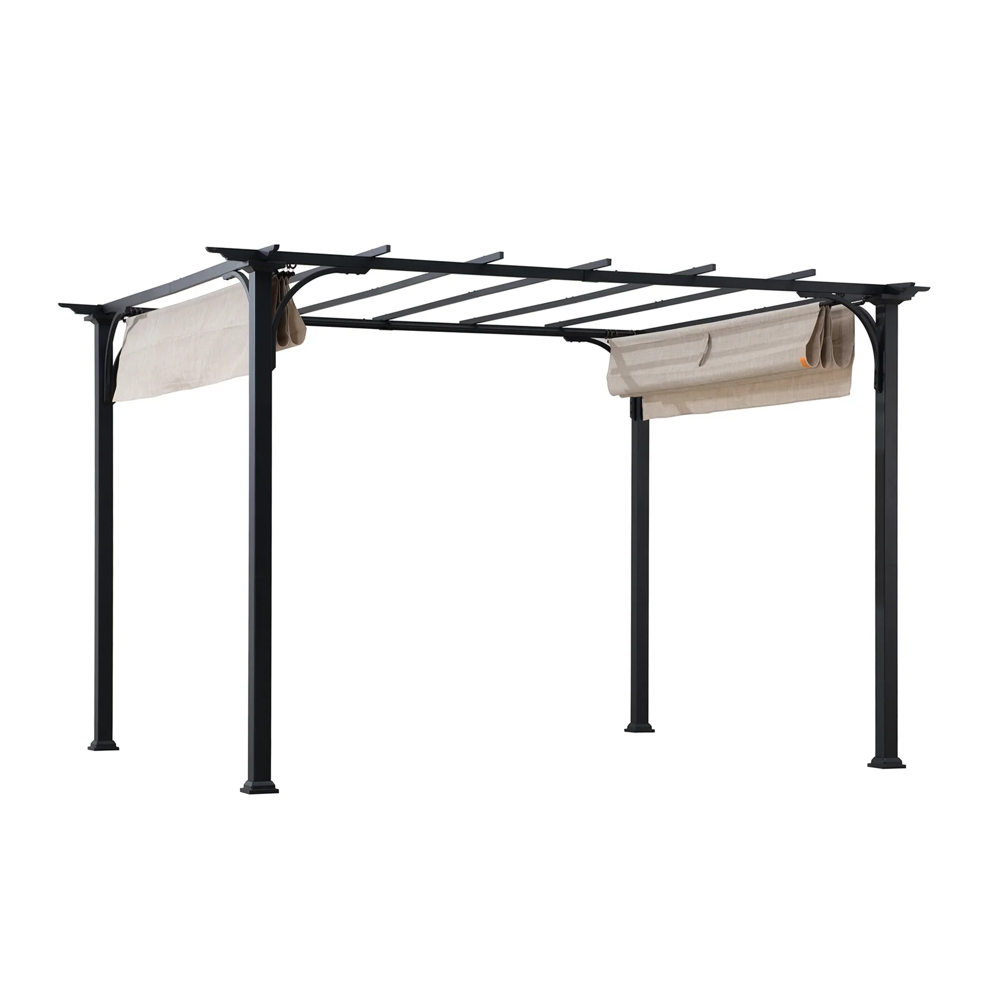 Sunjoy Outdoor Pergola 9 x 12 ft. Patio Black Steel Frame Pergola with Retractable Beige Canopy Shade for Backyard, Garden Activities