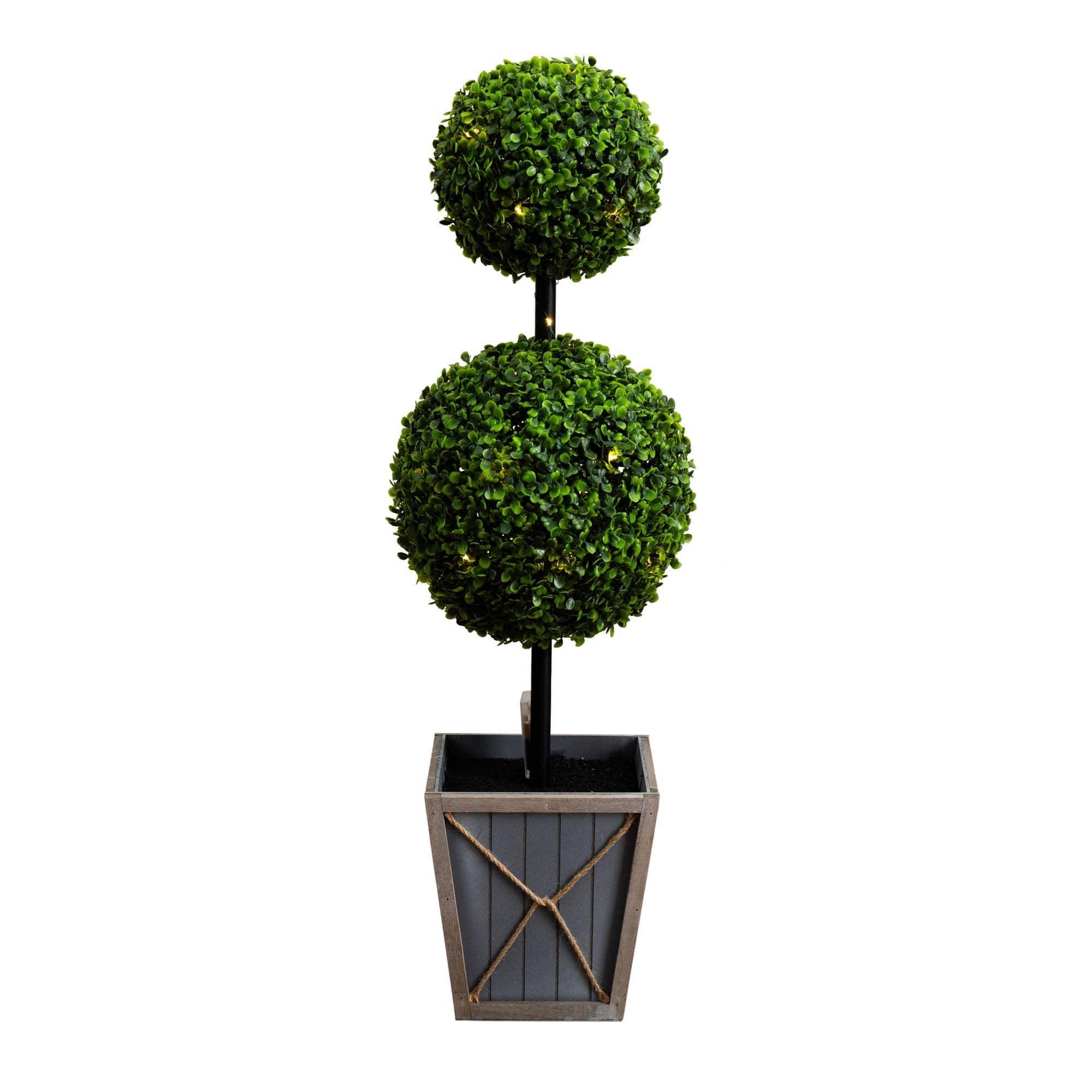 Nearly Natural 3ft. UV Resistant Artificial Double Ball Boxwood Topiary with LED Lights in Decorative Planter (Indoor/Outdoor), Green