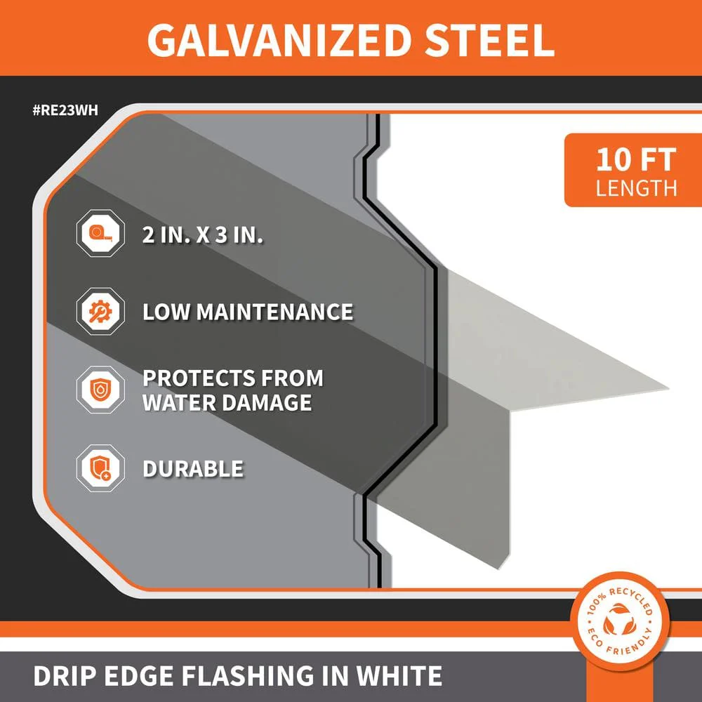 White Galvanized Drip Edge Flashing, 28-Gauge, 2 in. x 3 in. x 10 ft