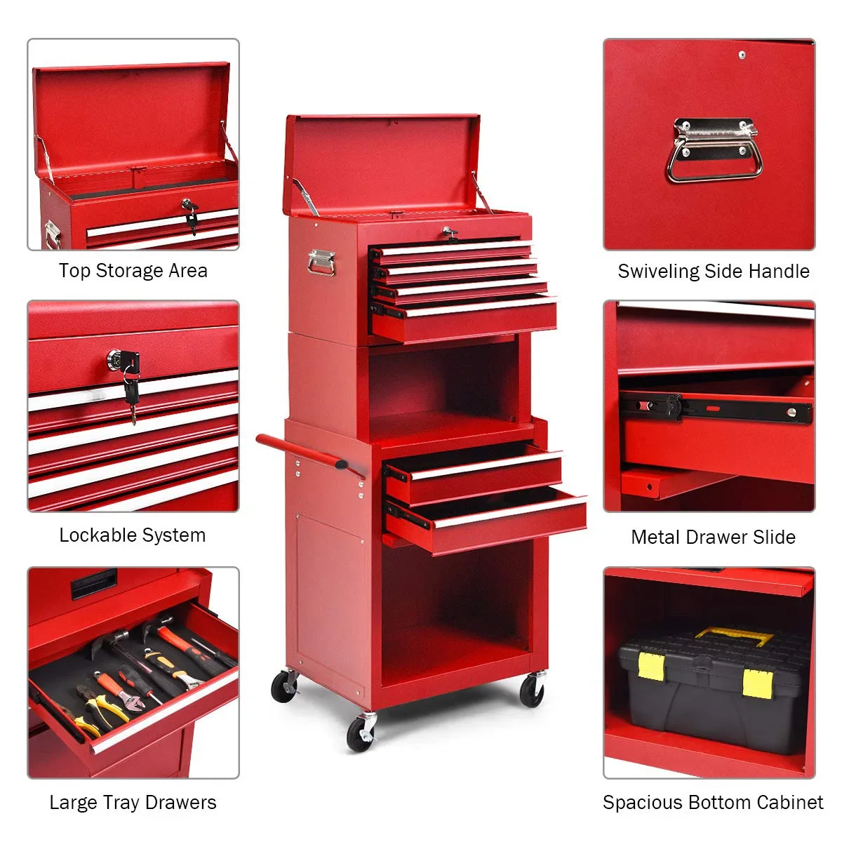 NIGSQJB 3-In-1 Tool Chest on Wheels with 6 Drawers, 52H Tool Storage Cabinet with Auto Locking System,Detachable Top,Tool Box Organizer for Garage,Workshop,Repair Shop,DIY, Red