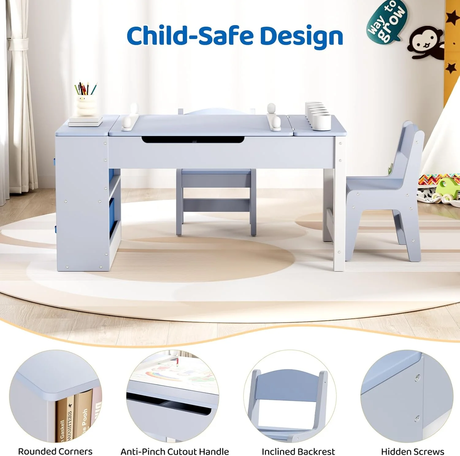 Kids Art Table and 2 Chairs Set, 2 in 1 Easel Toddler Craft Table and Chairs Set with Storage Bins, Paint Cups and Paper Roll, Activity Table Set for Children 3+(Blue) - Image 7