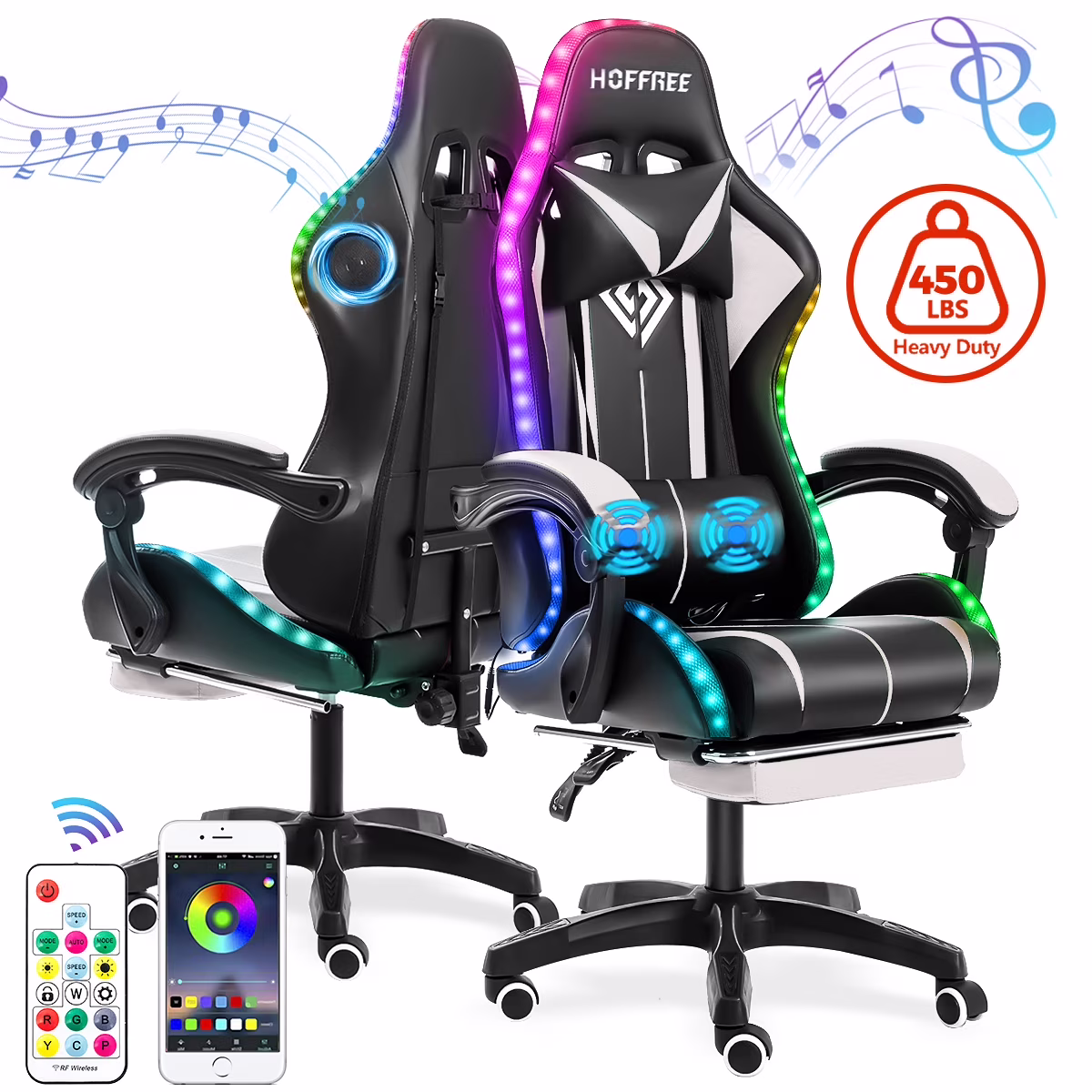 Gaming Chair with Bluetooth Speaker, Ergonomic Massage Racing Chair with RGB Lights, Footrest and Lumbar Support, High Back Office Chair, Heavy Duty Design Gaming Computer Chair(Red with Black) - Image 9