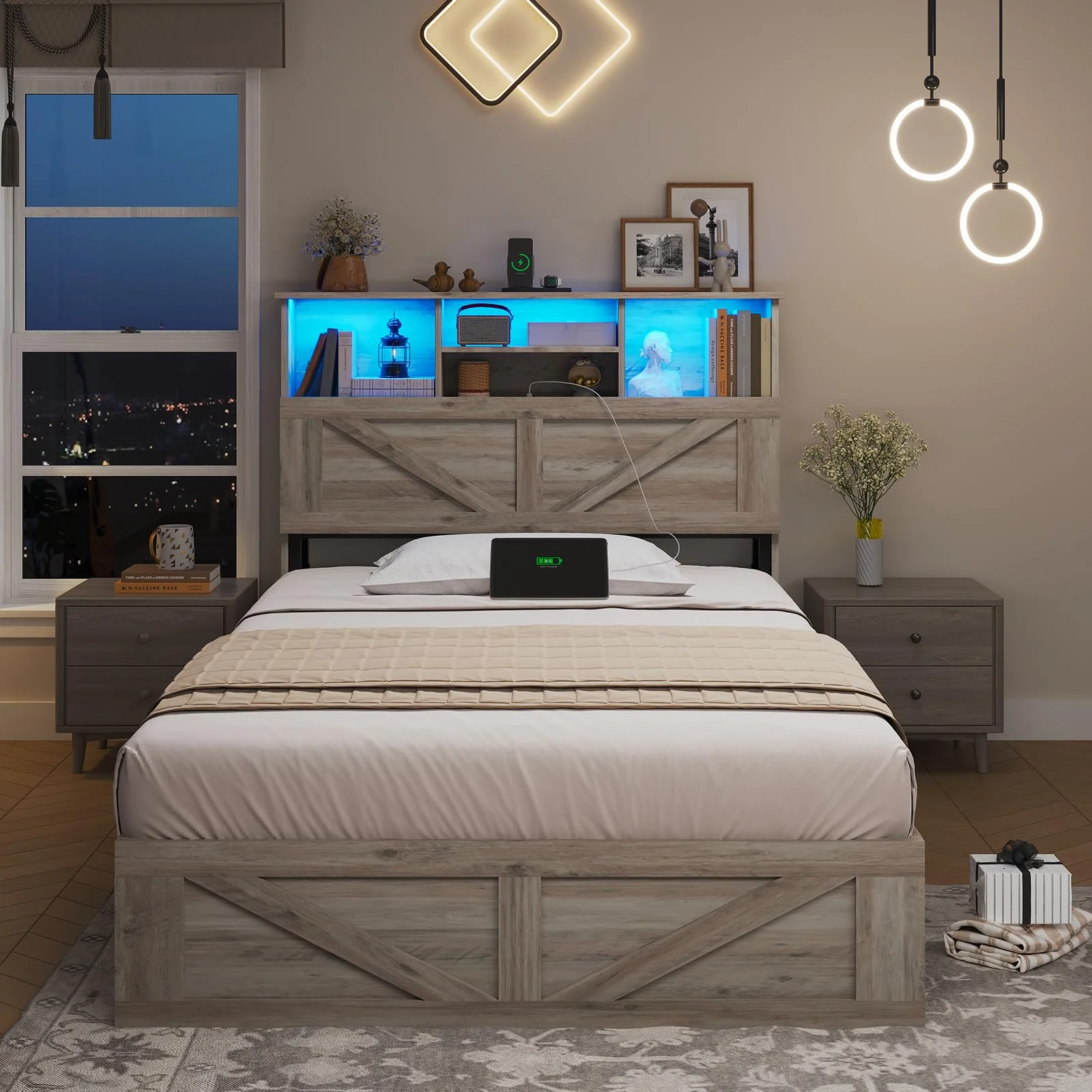 Twin Bed Frame with 4 Storage Drawers and Charging Station, Farmhouse Wooden LED Twin Bed with Storage Hidden Space Headboard and Metal Slats, Gray