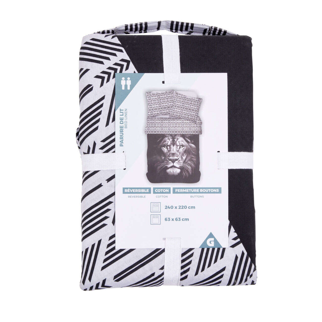 Parure de lit 2 personnes 240x220cm coton motif lion noir et blanc