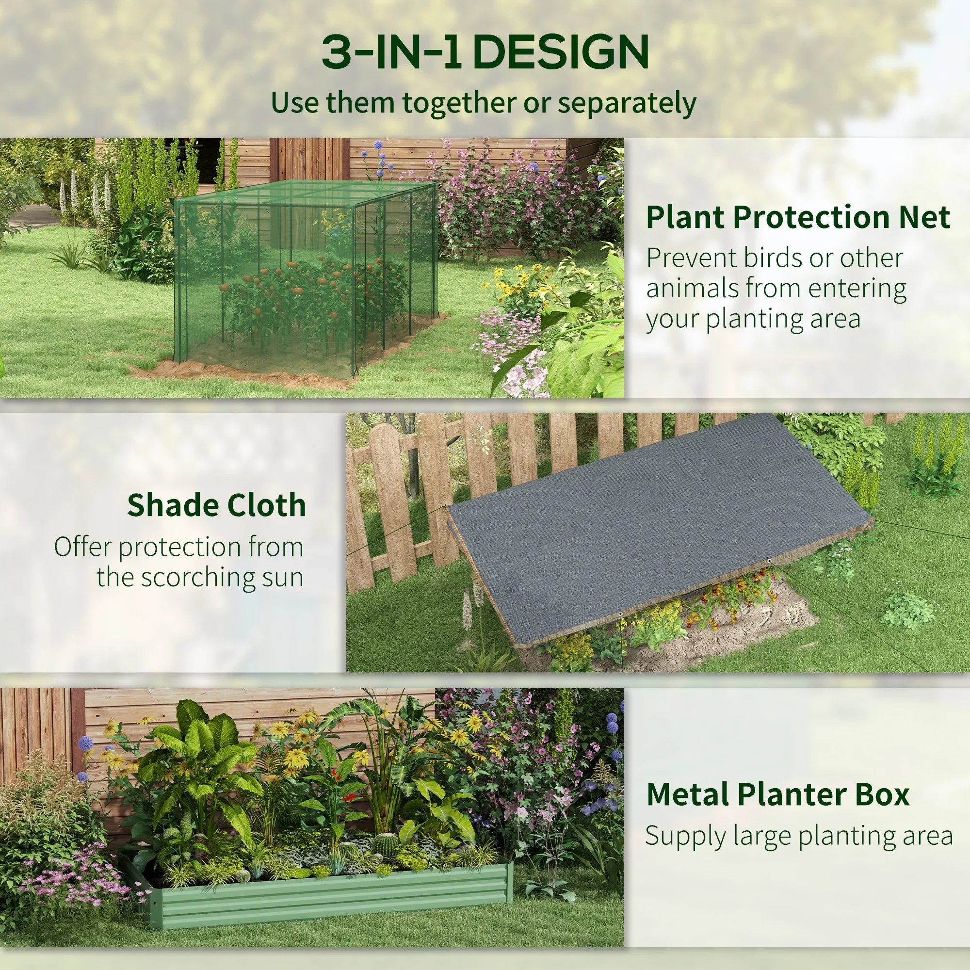 Outsunny Galvanized Raised Garden Bed with Crop Cage & Shade Cloth, Beige