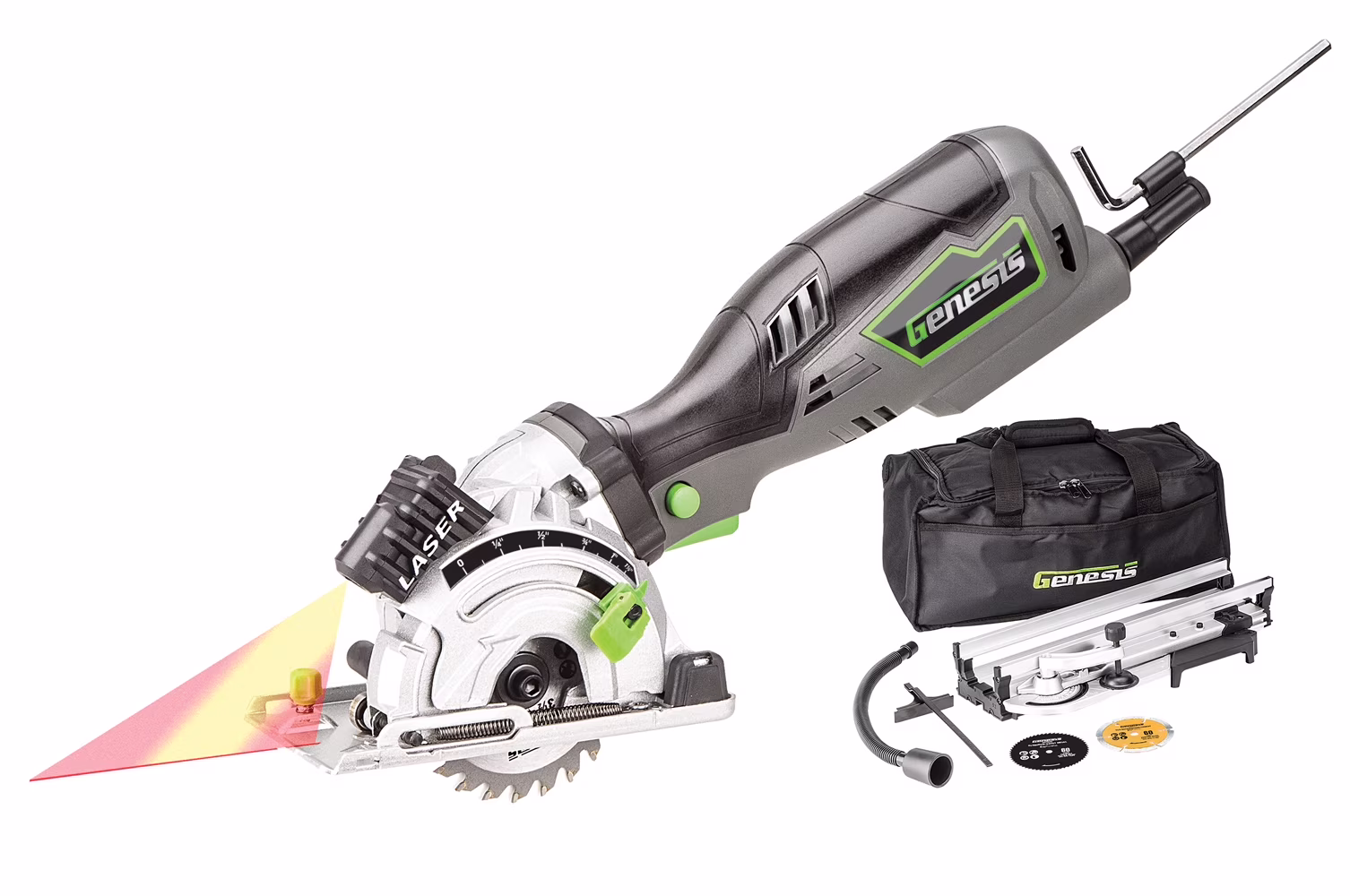 Genesis 3-1/2 in. Plunge Circular Saw Kit with Laser, Accessory Bag, Rip Guide, Miter Base, Vacuum Adapter, Diamond Blade, 44T and 24T blades