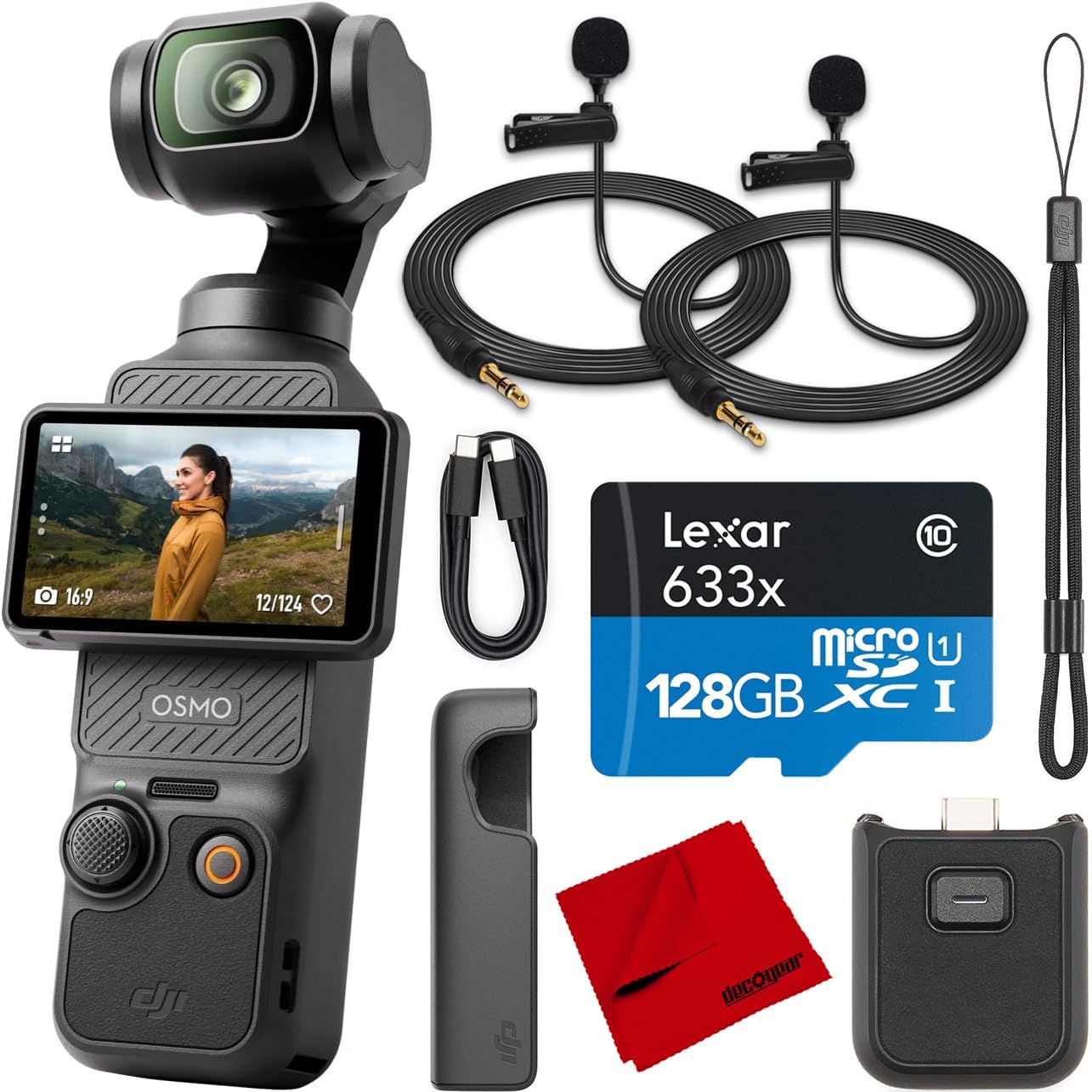 DJI Osmo Pocket 3 Vlogging Camera with 1'' CMOS & 4K/120fps Video  3-Axis Stabilization  Fast Focus  Face/Object Tracking  Rotatable Touchscreen Bundle with Deco Gear 2 Lapel Microphones + 128GB Card