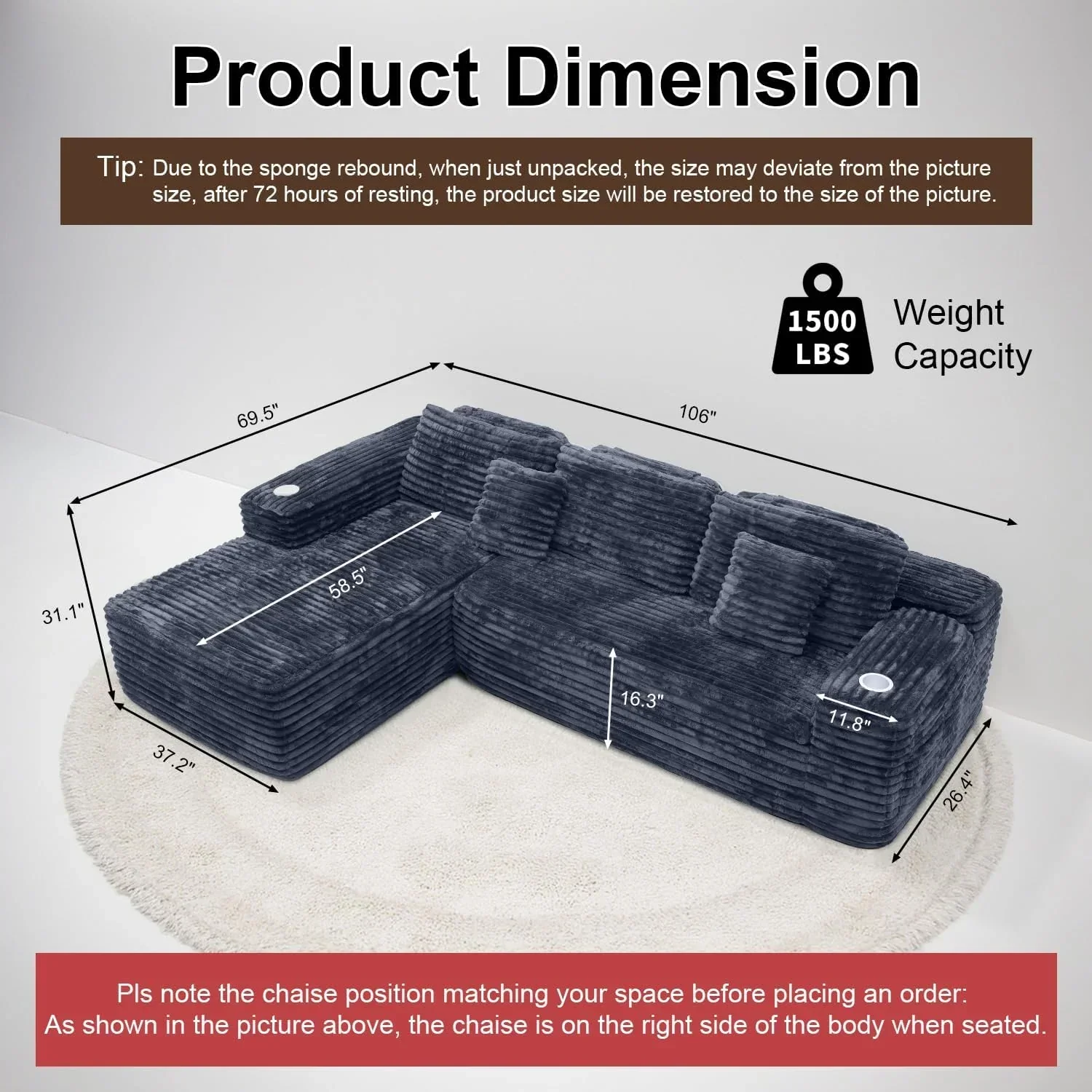 Canapé d'angle Cloud avec fauteuil inclinable en L et porte-gobelet intégré