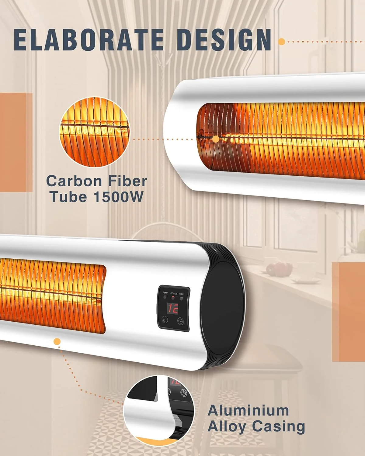 Airo Comfort Electric Patio Heater 1500W �?Wall-Mount Outdoor Infrared Heater with Carbon Tube Heating