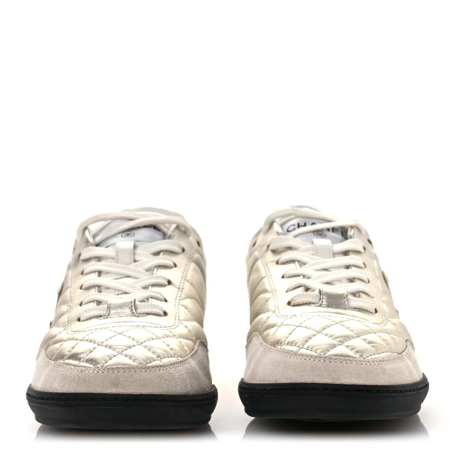 Laminated Calfskin Suede Quilted Womens CC Sneakers 39 Silver White