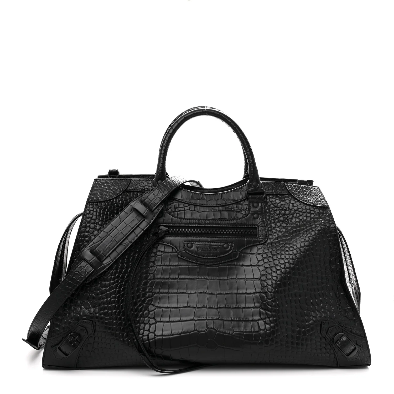 Semi Matte Calfskin Crocodile Embossed Neo Classic Black Hardware Large City Black