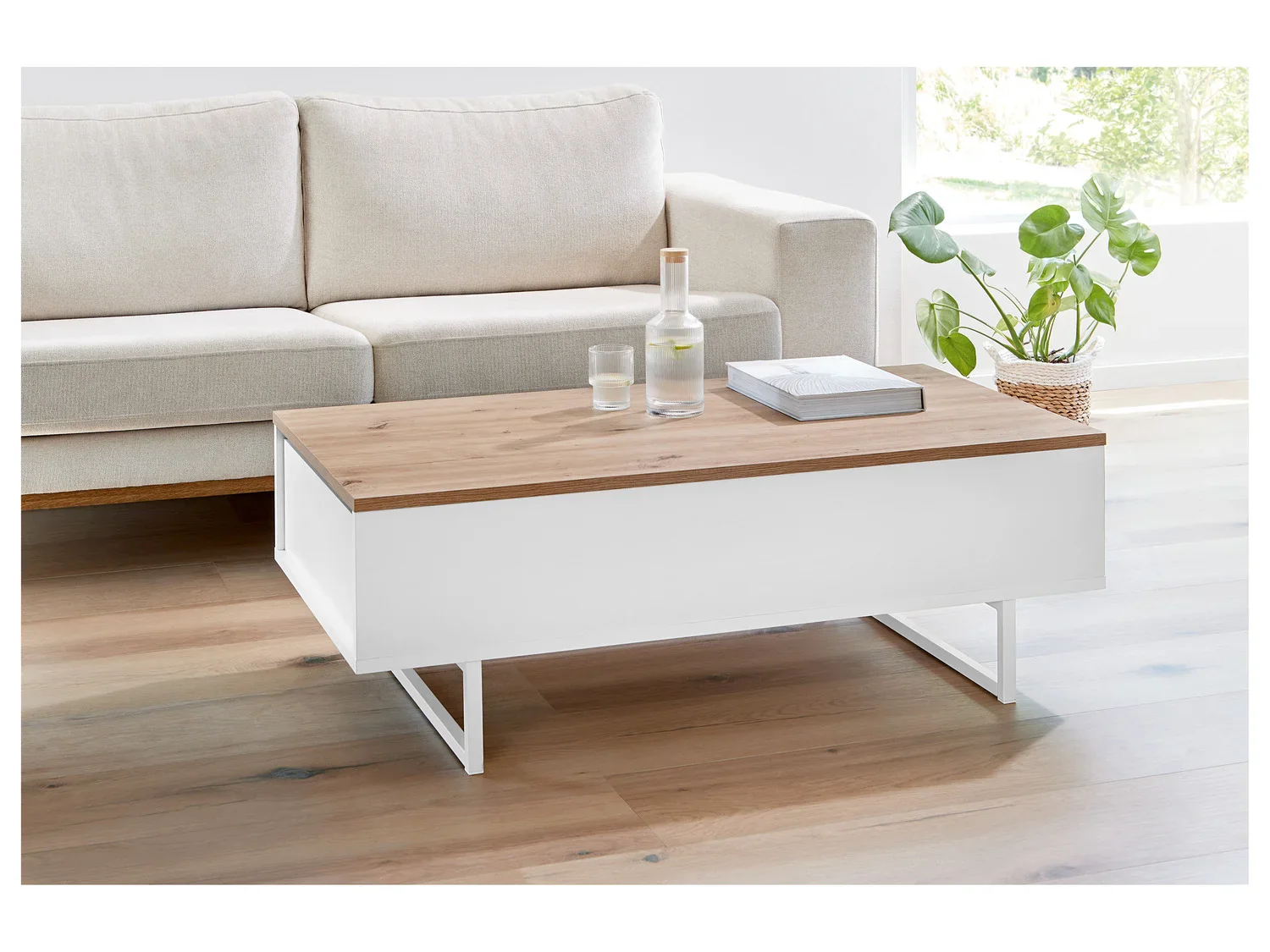 LIVARNO home Table basse Madrid, 110 x 37,5 x 58 cm, imitation chne/blanc