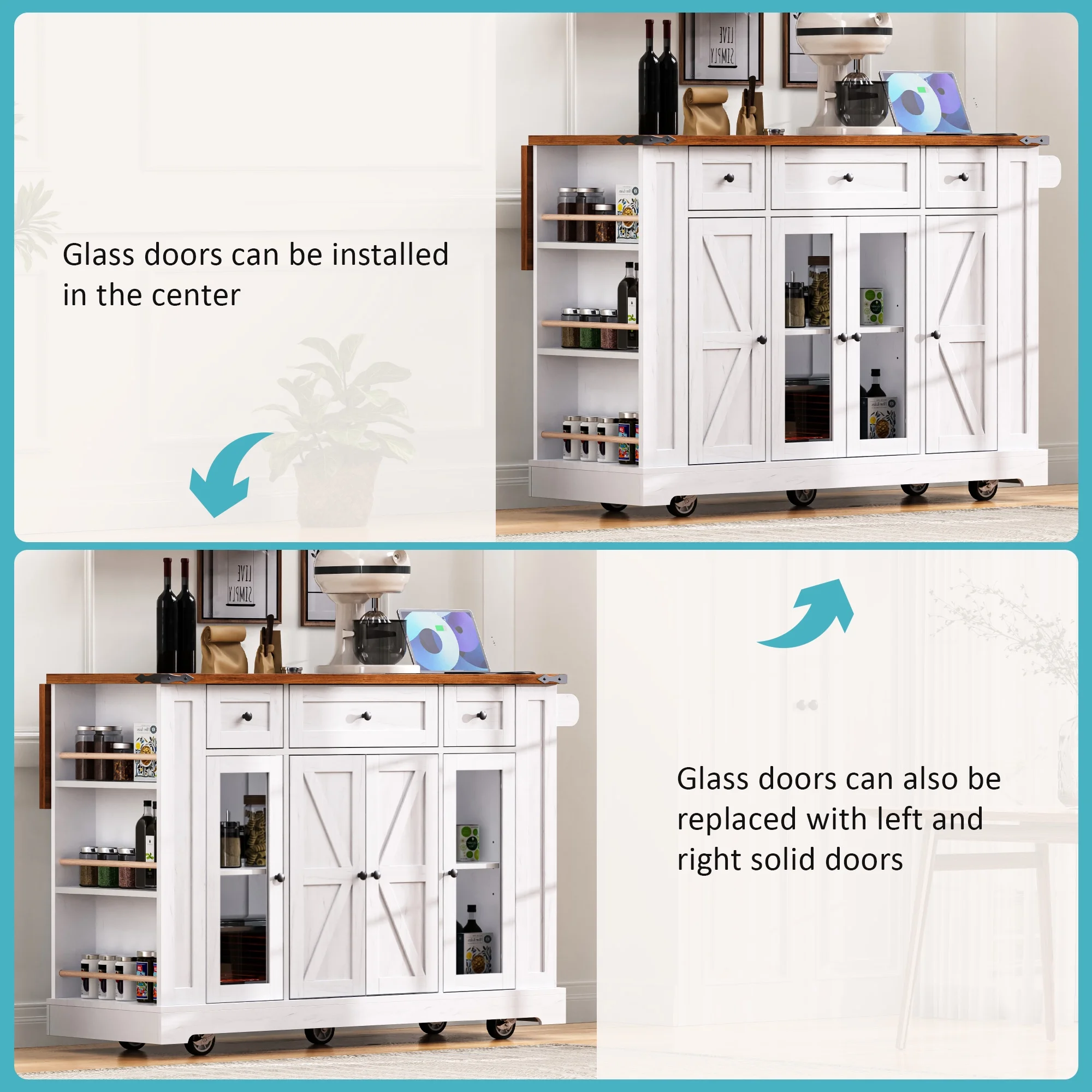 53'' Farmhouse Kitchen Island with Two Tempered Glass Cabinet Doors��Rolling Kitchen Cart on Wheels(White) - Image 6