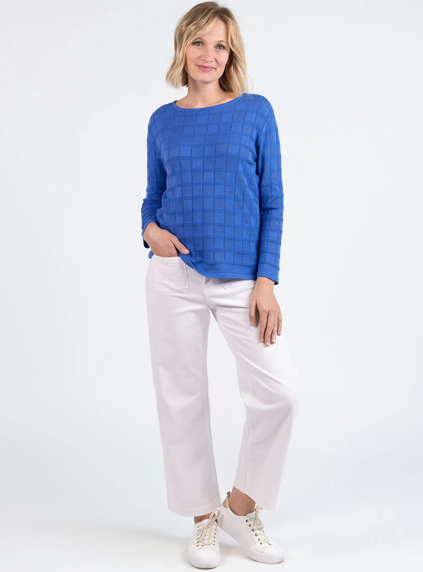 Pull femme ajouré en coton bleu atlantique