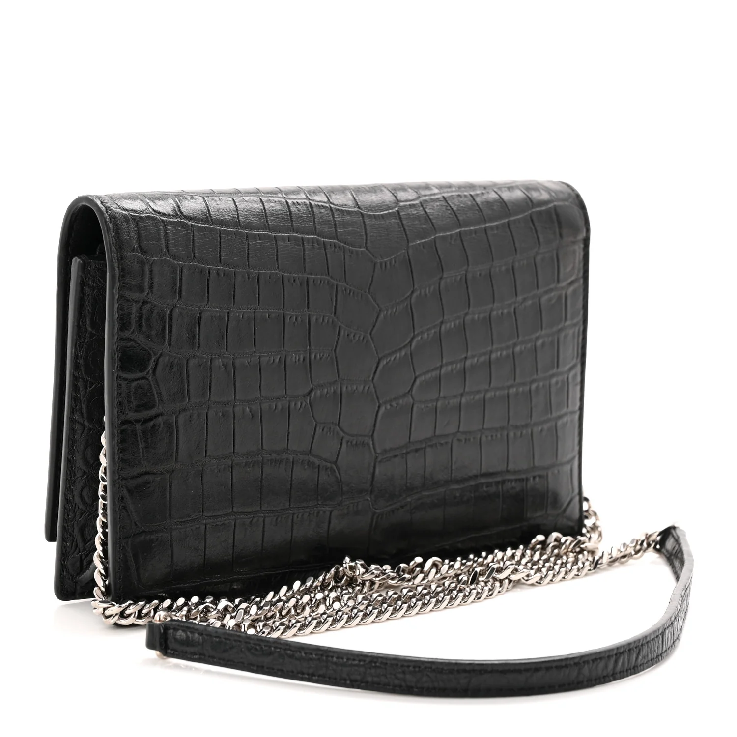 Calfskin Crocodile Embossed Kate Monogram Tassel Chain Wallet Black