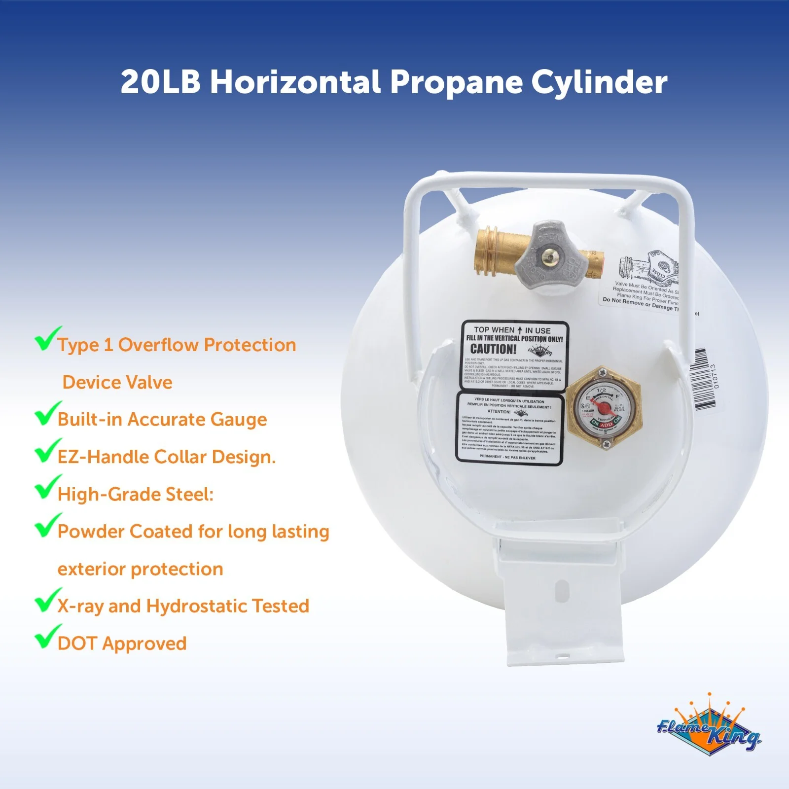 NEW 20 lb Horizontal Propane Tank Refillable Cylinder with OPD Valve and Gauge - Image 2