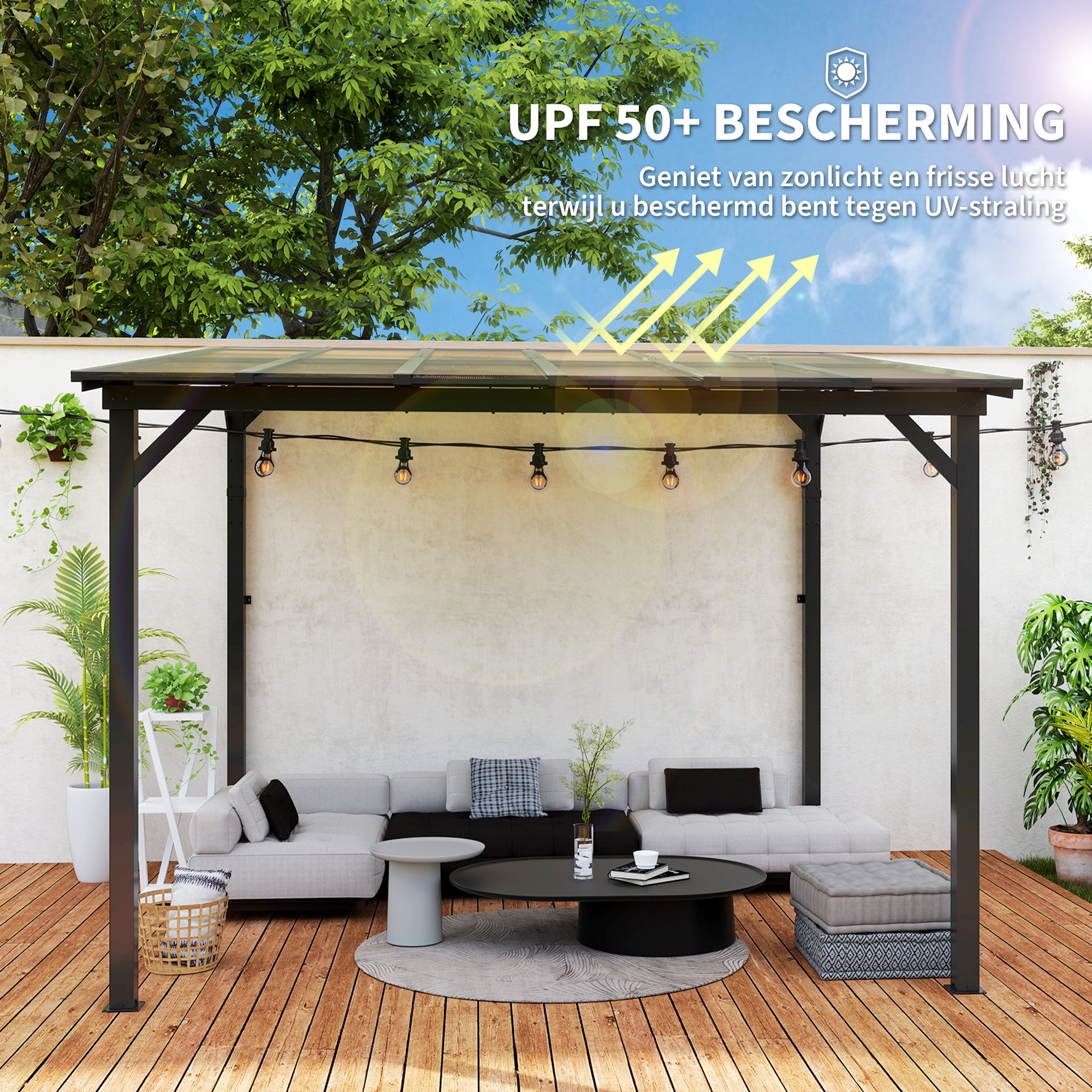 Outsunny 3 x 3 m Metalen Pergola, Tuinpergola met Waterdicht Dak, Vrijstaand, Windbestendig, UV-bestendig, Donkergrijs