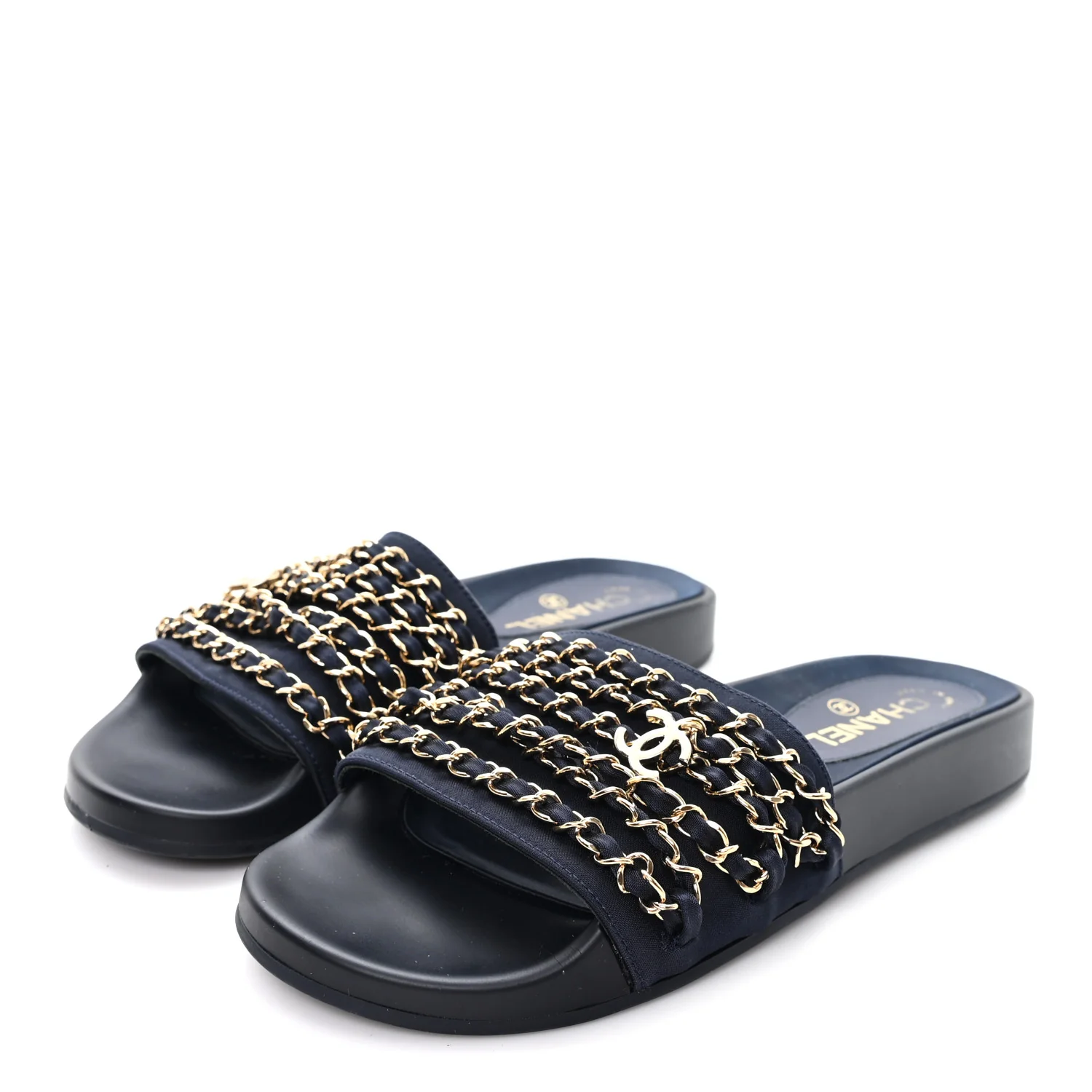 Satin Canvas Chain Slides Sandals Flats 38 Marine