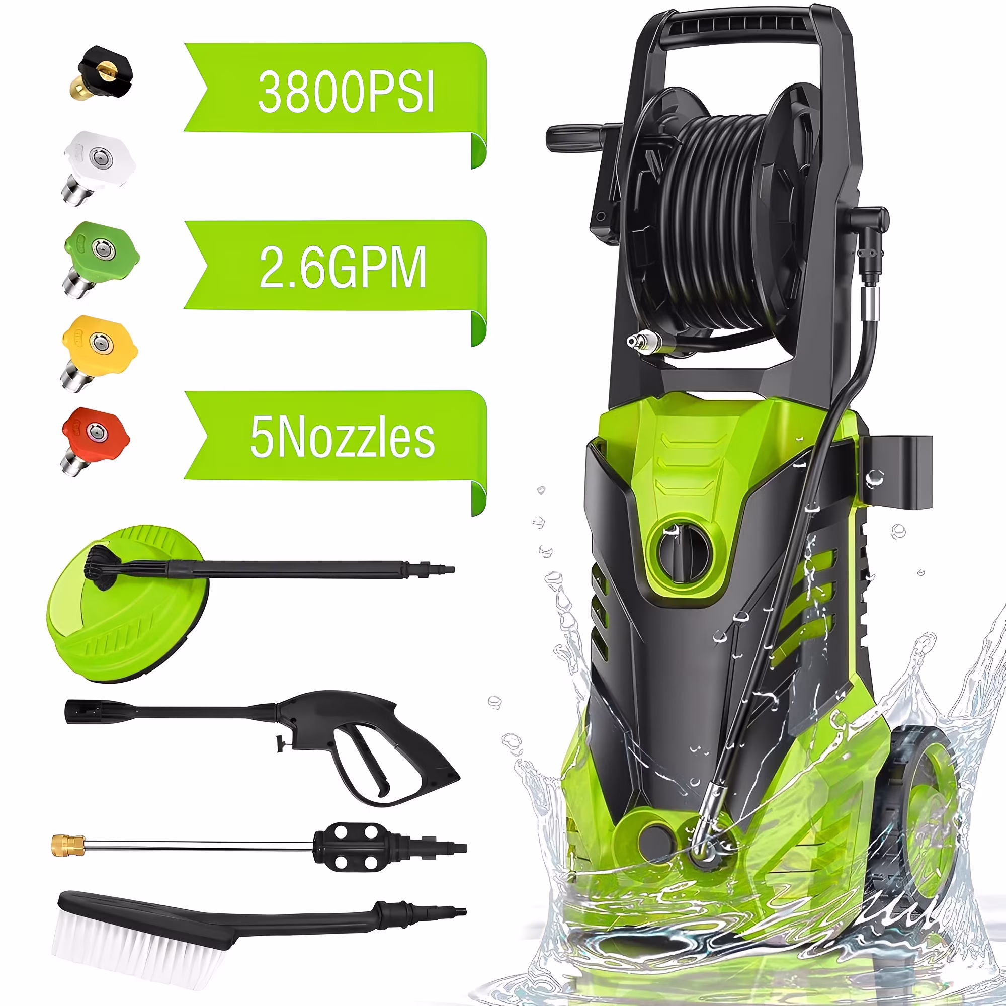 Electric Pressure Washer, 3800 PSI 2.6GPM Power Washer for Cars, Fences and Patios(3800PSI Green)