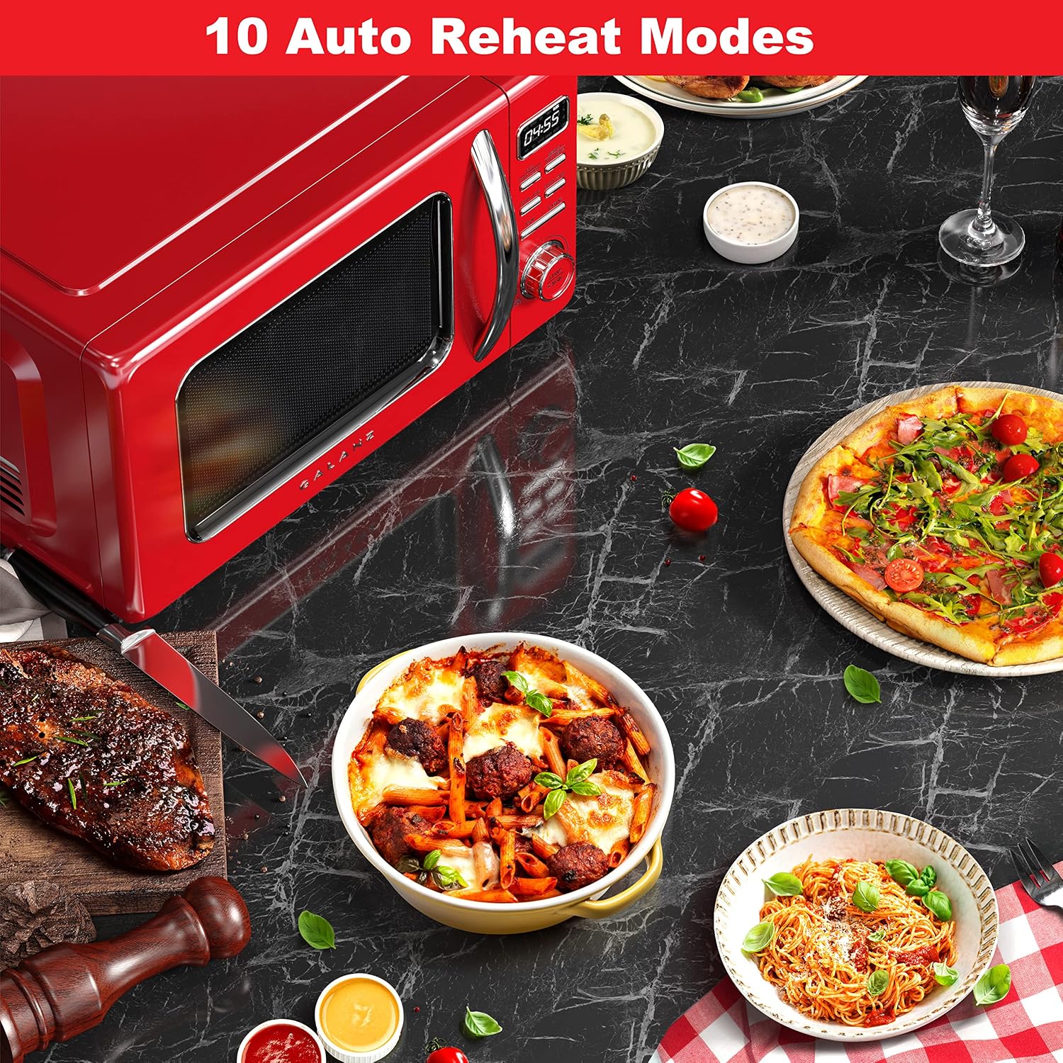 Galanz GLCMKZ07RDR07 Retro Countertop Microwave Oven with Auto Cook & Reheat, Defrost, Quick Start Functions, Easy Clean with Glass Turntable, Pull Handle. 7 cu ft, Red