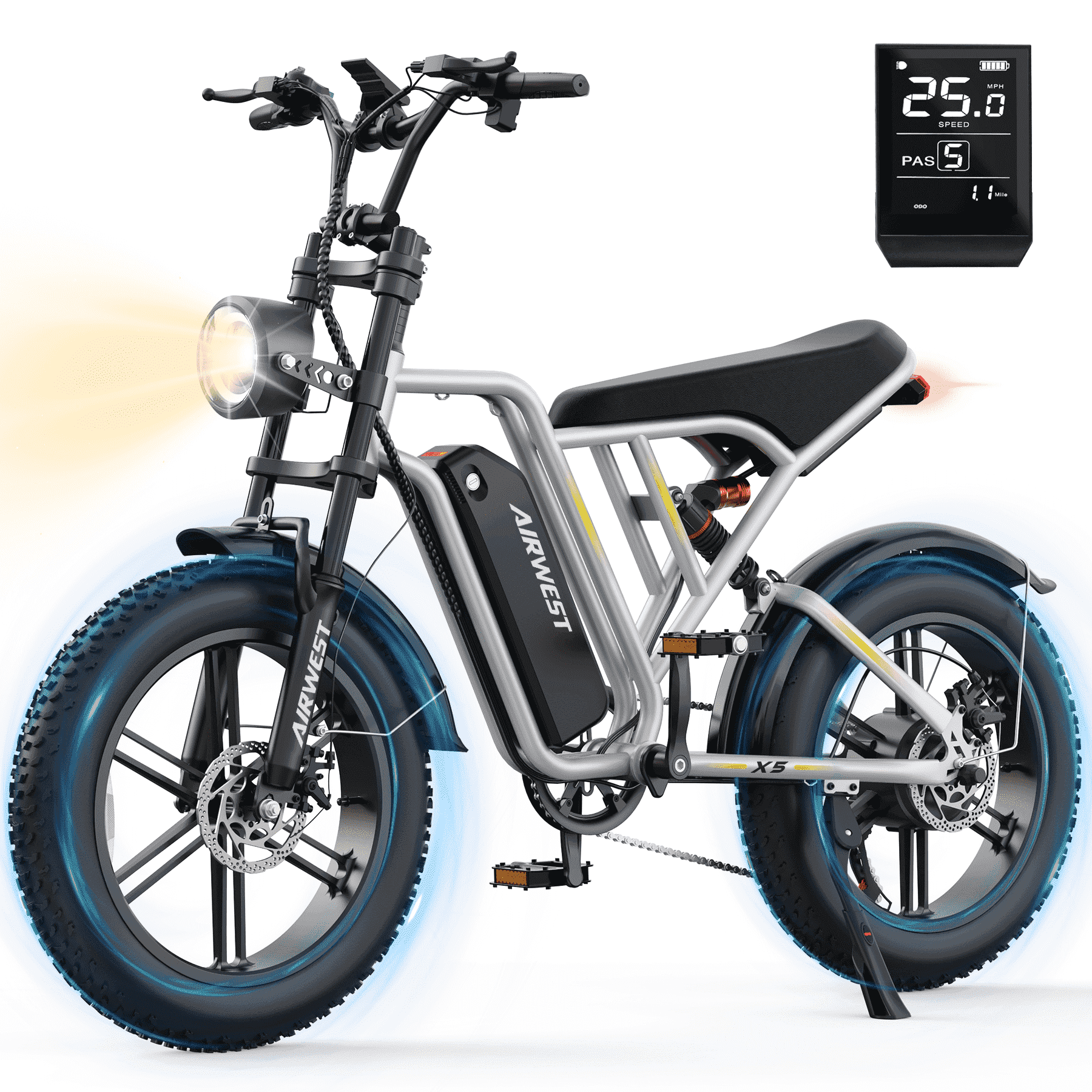 Peak 1000W Electric Bike for Adults Reaches 25MPH, 65 Miles Long Range, 48V 13Ah Battery, Full Suspension, 7-Speed, 20" Fat Tire Electric Motorcycle Dirt Bike, UL2849(Silver)