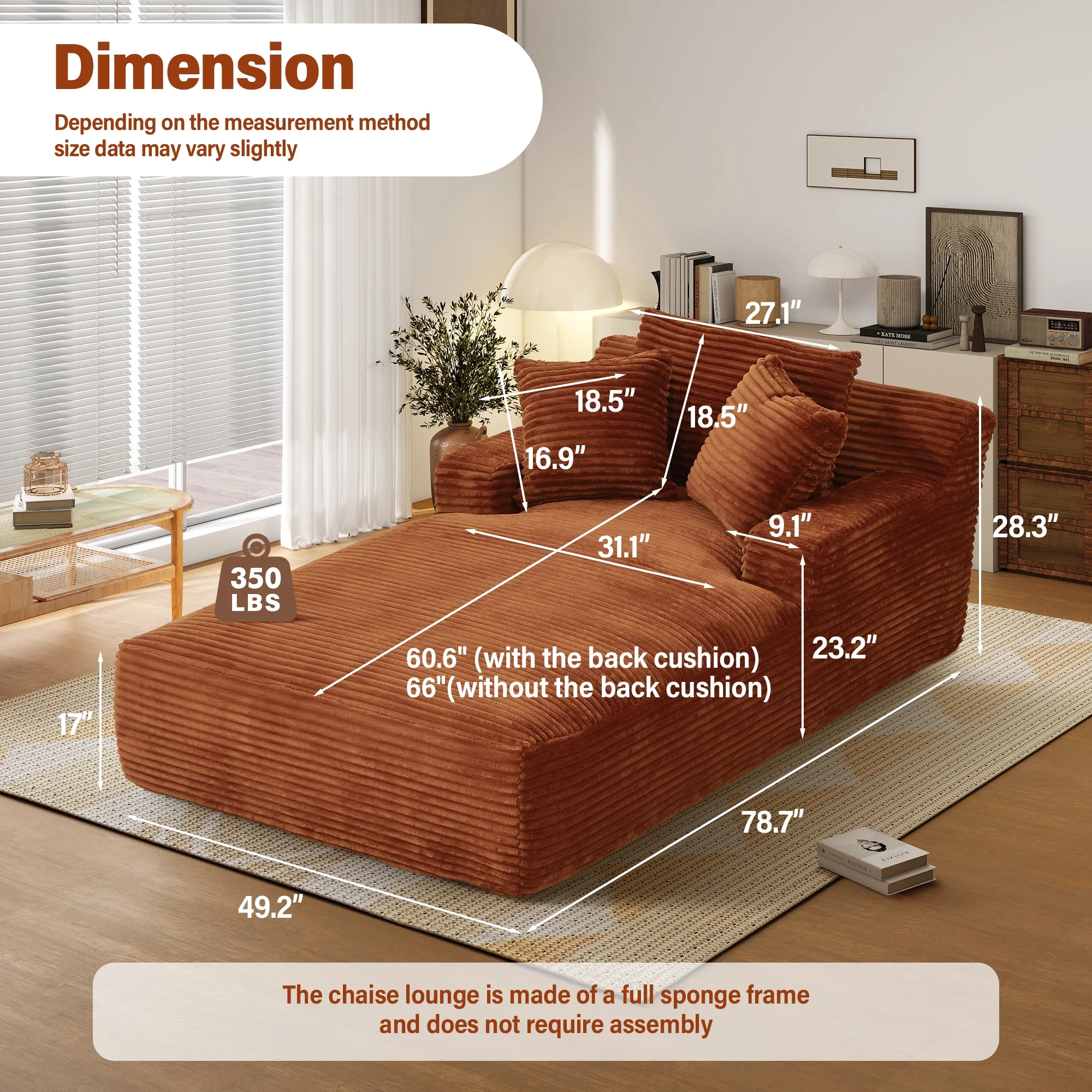78 7" Extra Long Chaise Lounge Sofa, Oversized Upholstered Couch with 3 Pillows for Indoor Living Room/Bedroom,Orange(Orange) Image 2