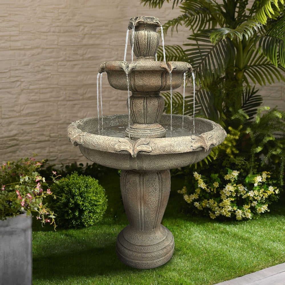 Indoor/Outdoor 3-Tiers Concrete Floor Water Fountain with Electric Pump for Patio Lawn Home Decor - Image 7