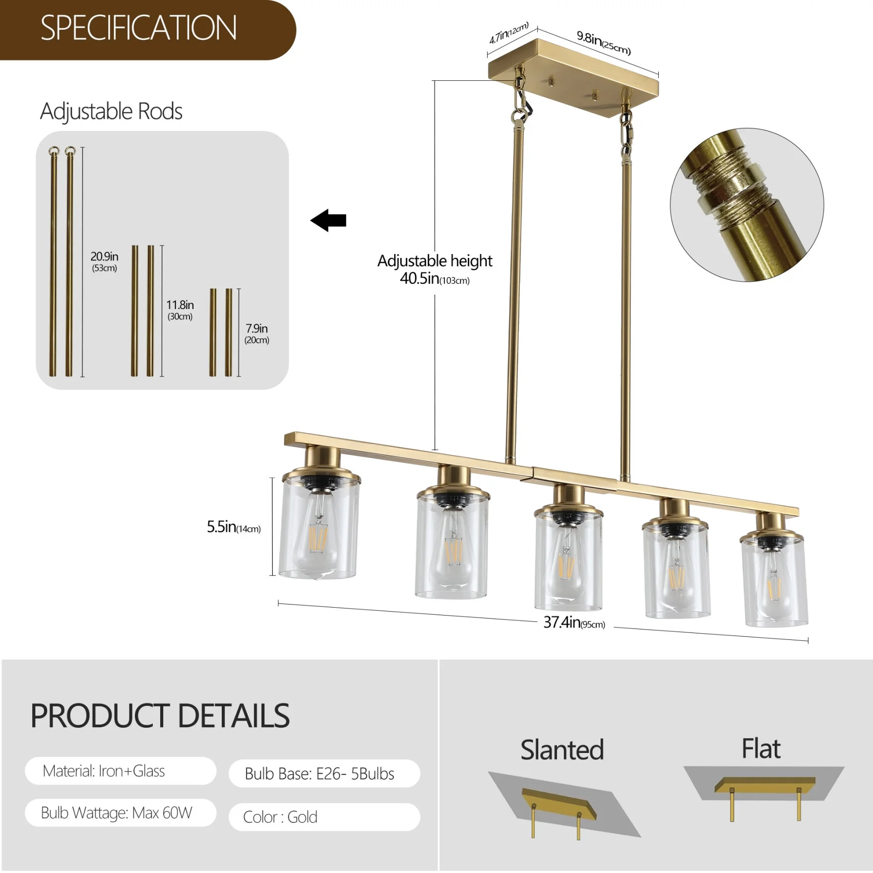 5-Light Kitchen Island Pendant Light, Farmhouse Industrial Chandeliers with Two Metal Rod Supports, Rectangular Island Lights for Kitchen, Living Room, Walnut/Black