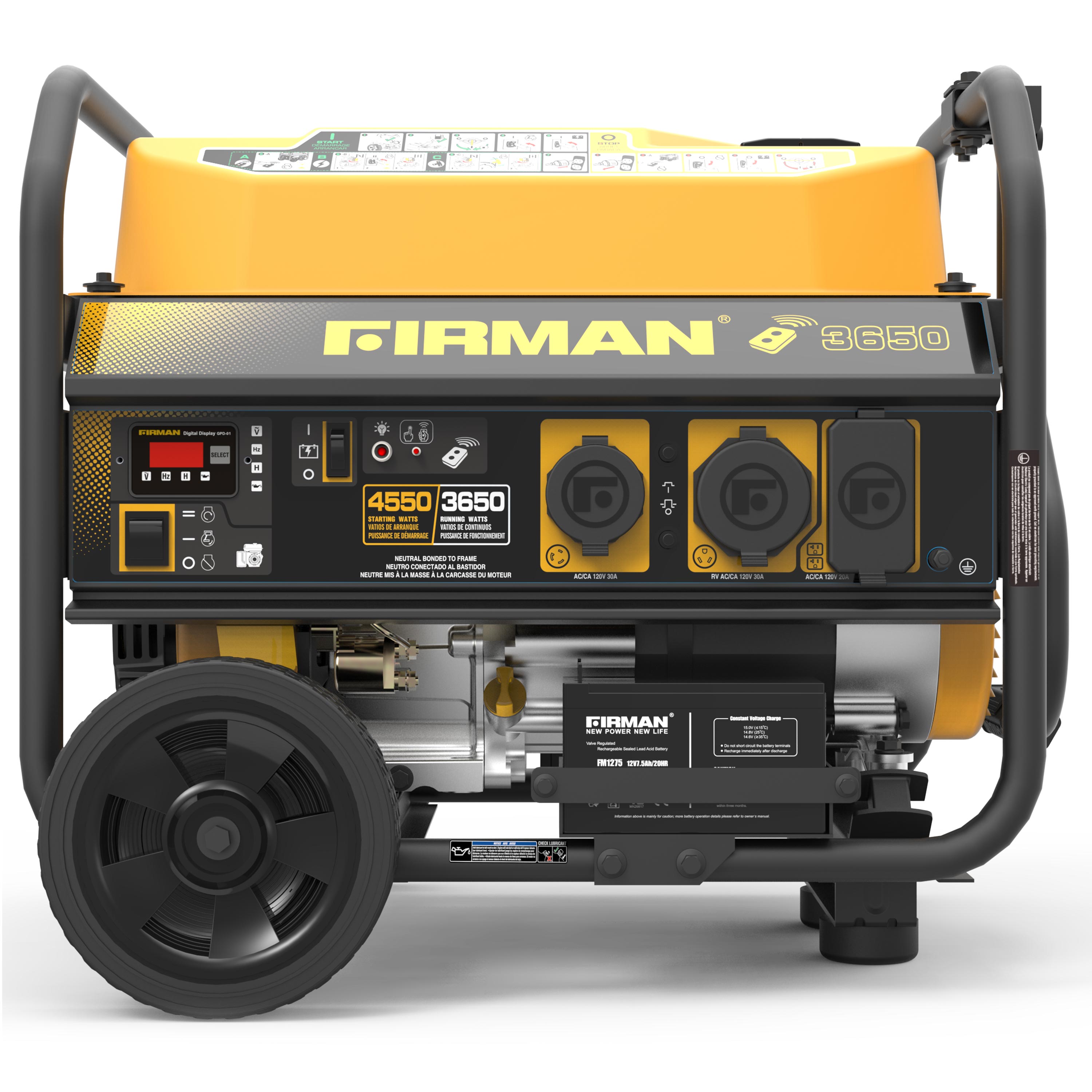 Firman Generators Gas Powered 4550 - 3650W Extend Run Portable Remote Start Generator with Wheel Kit