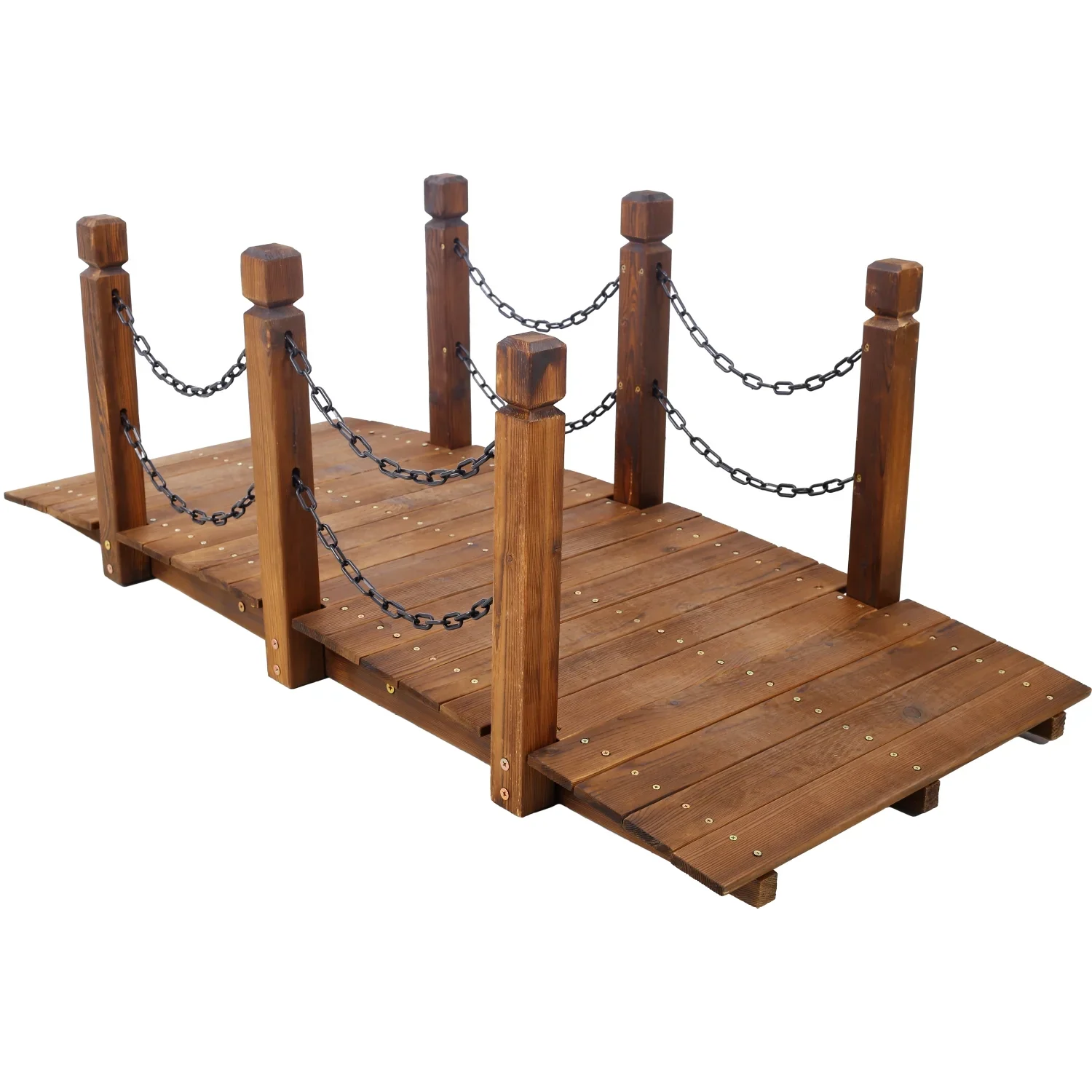 5 FT Wooden Garden Bridge  Stained Wood Arc Footbridge with Chain Railings for Backyard Creek Farm  Decorative Pond Bridge  Easy to Assemble (Brown)