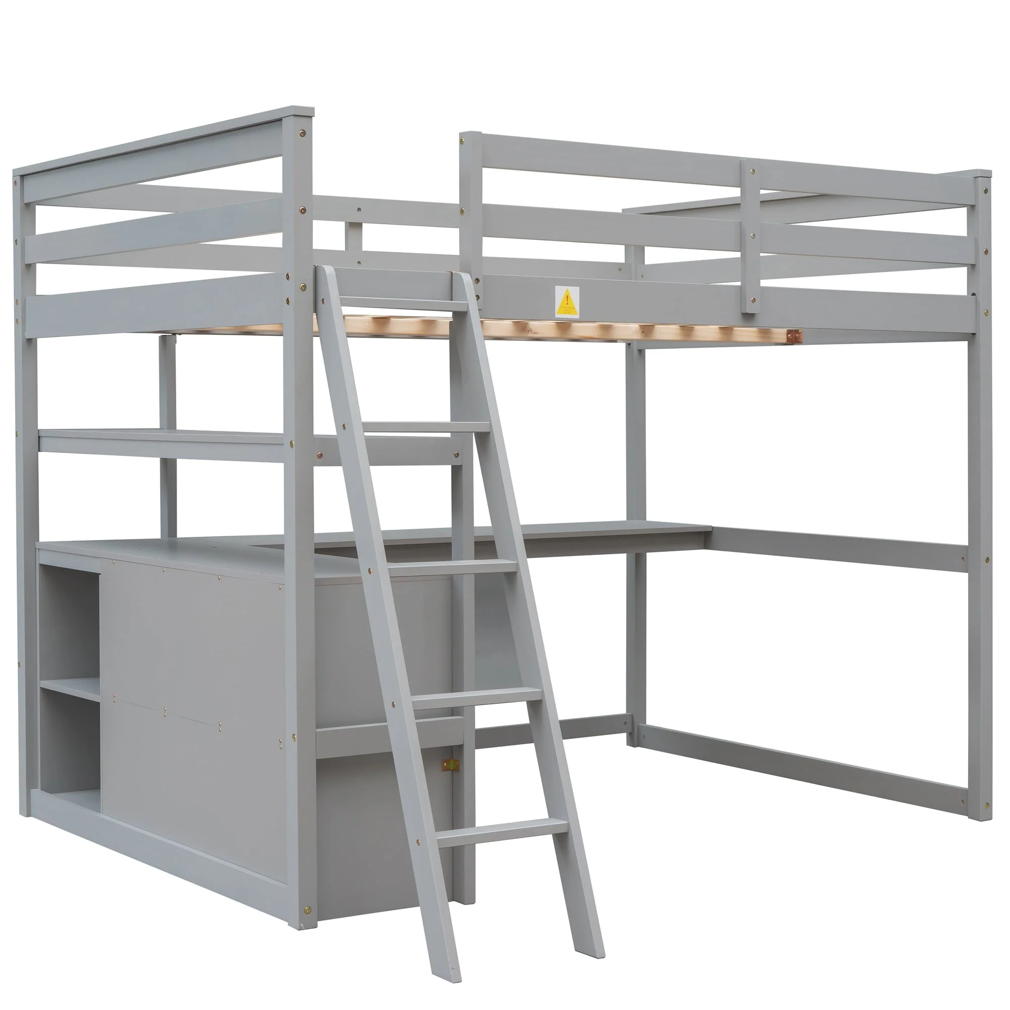 Euroco Full Size Wood Loft Bed with Desk, Shelves and Cabinets for Kids Room, Incline Ladder and 3 Drawers, Gray Image 7