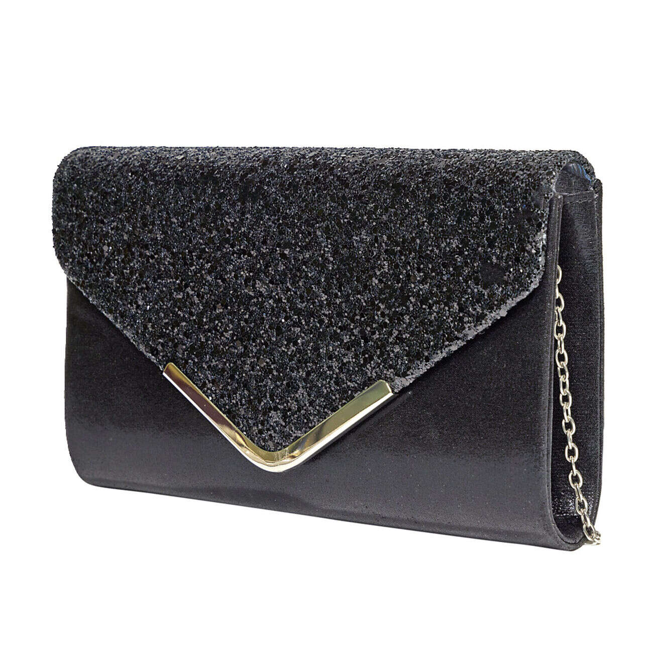 Sac pochette de soirée satiné et pailleté 24x5,6xH14cm - 2 modèles noir ou doré
