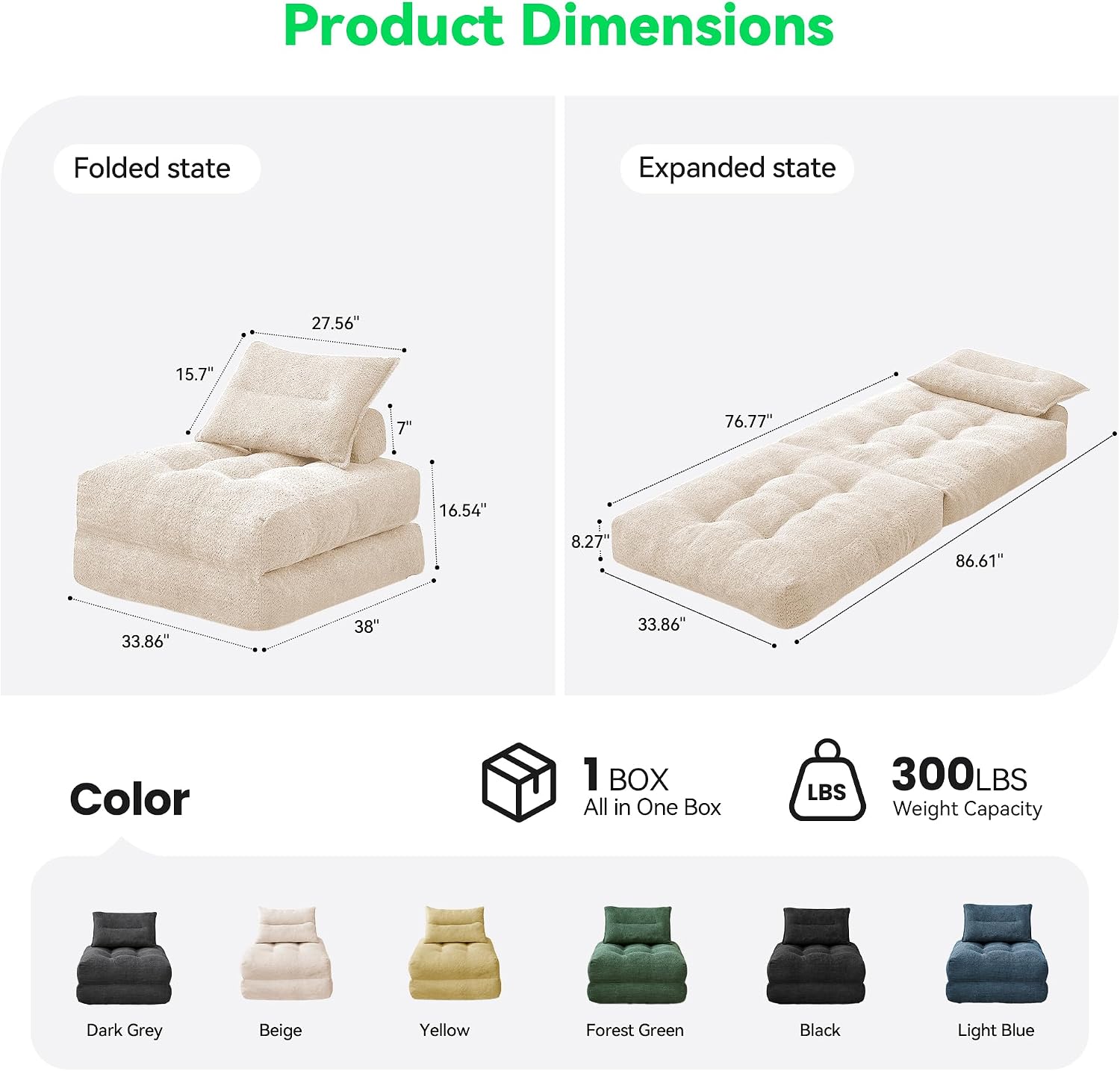 MONVANE 3-in-1 Folding Sofa Bed, Convertible Sleeper Chair Bed, Beige| Perfect Sleepover Bed for Kids & Adult Guests, Fits Small Spaces & Living Room, Comfortable Back Support